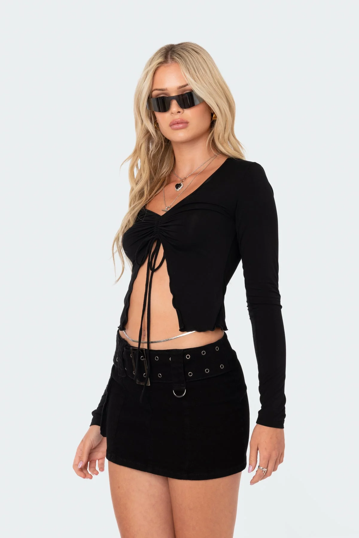 Black Tie Front Long Sleeve Top for Women