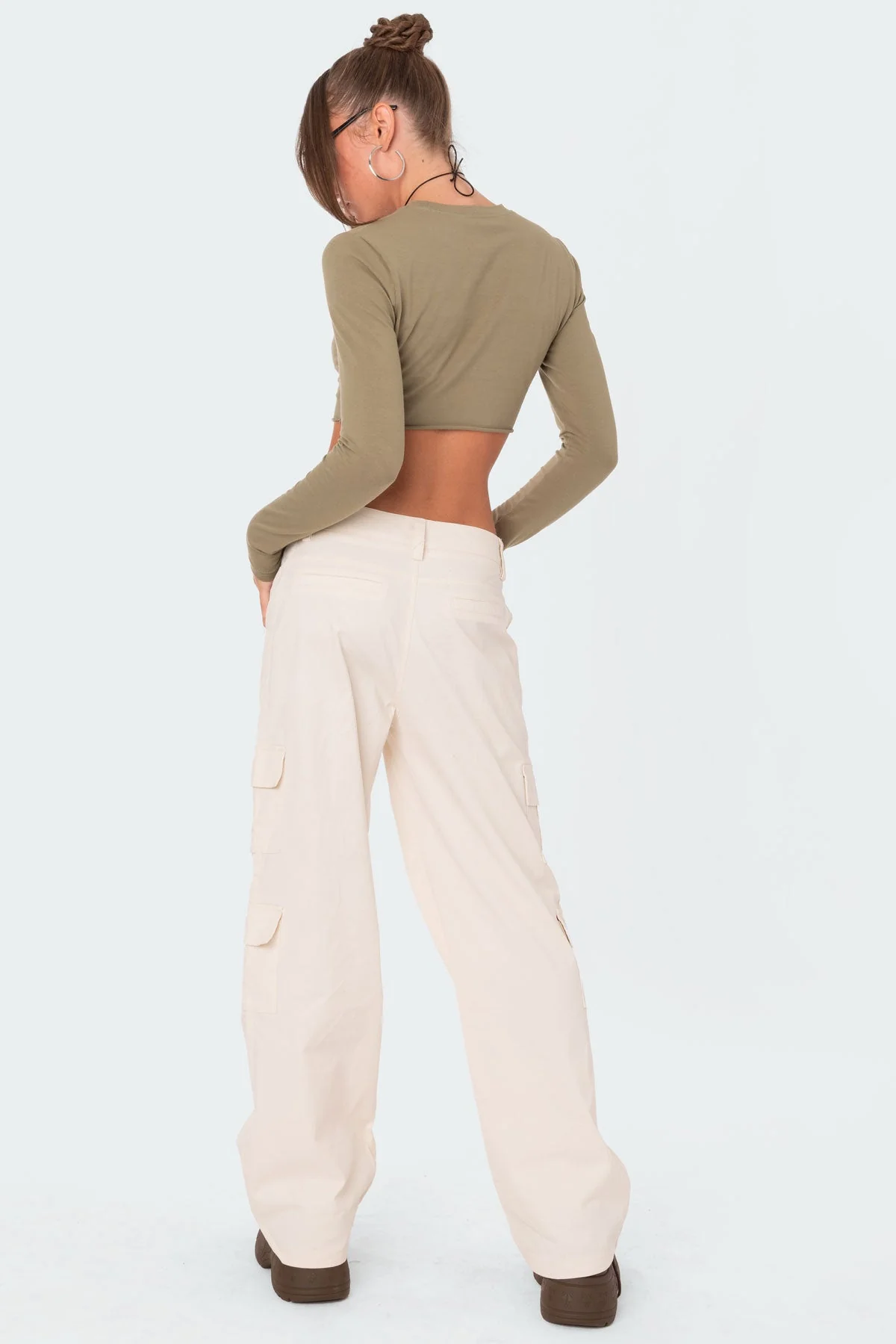 Olive Slashed Long Sleeve Crop Top