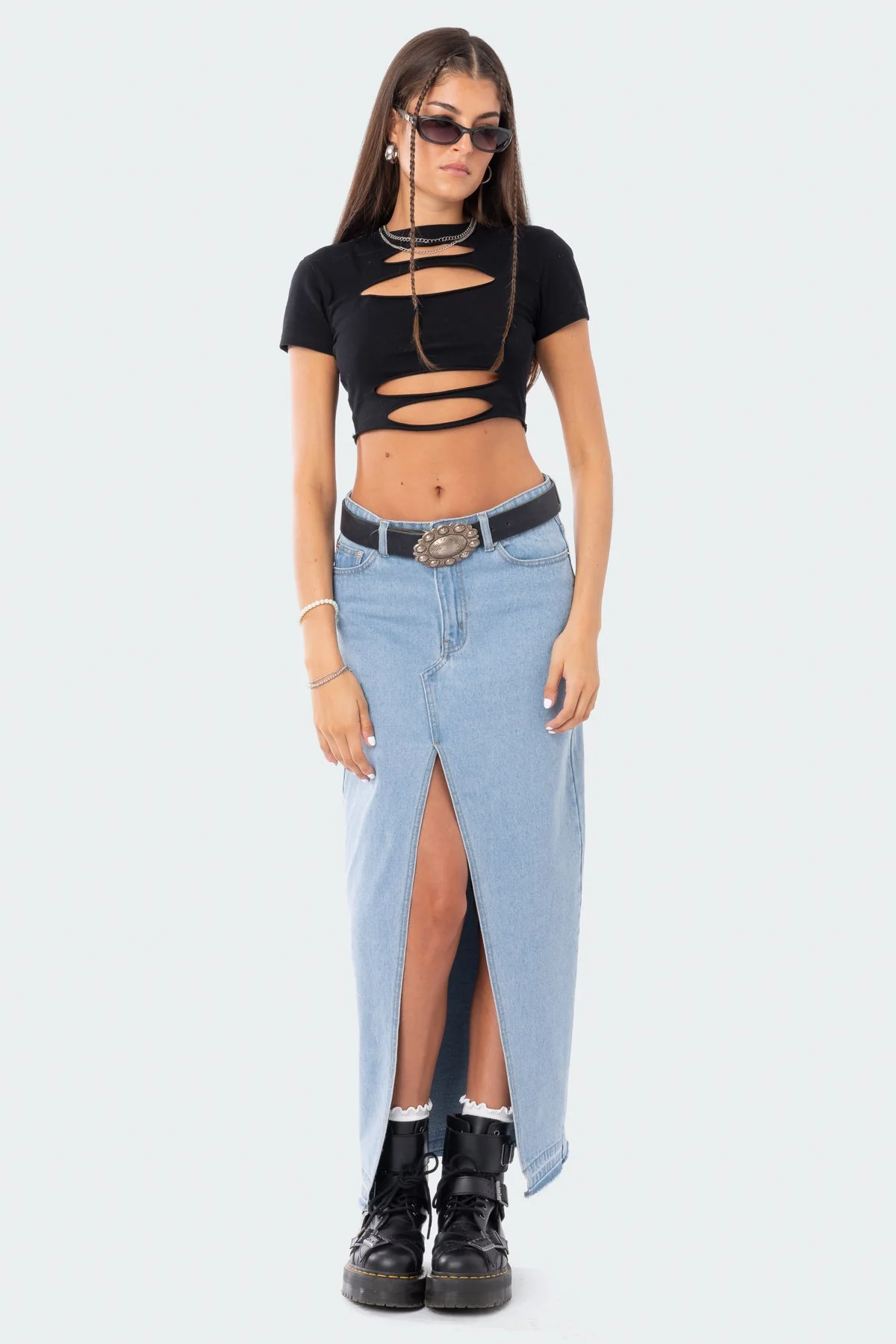 Blue Denim Maxi Skirt with Front Slit