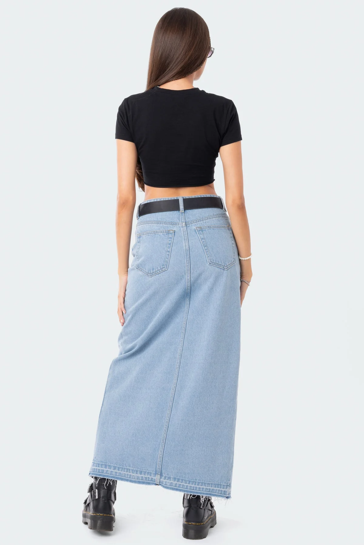 Blue Denim Maxi Skirt with Front Slit