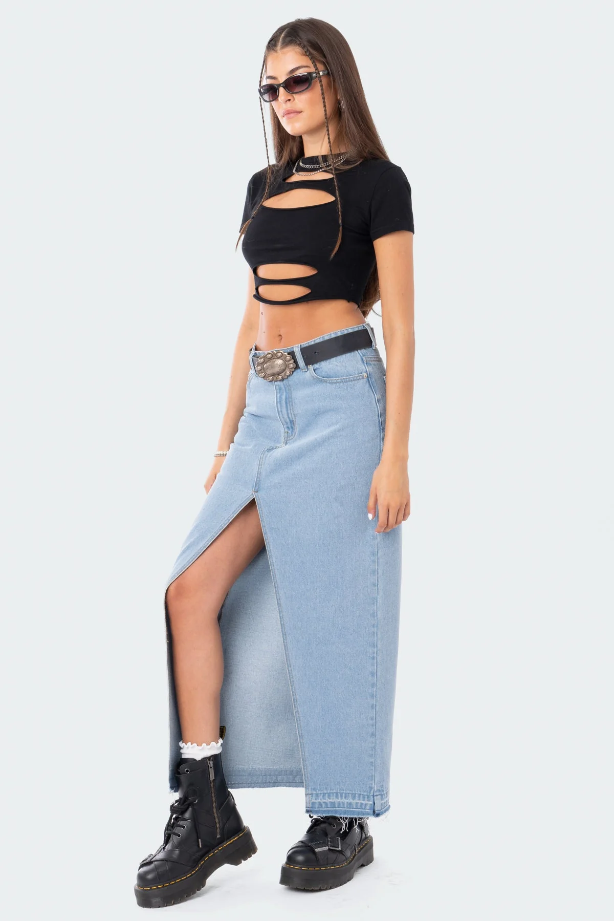 Blue Denim Maxi Skirt with Front Slit