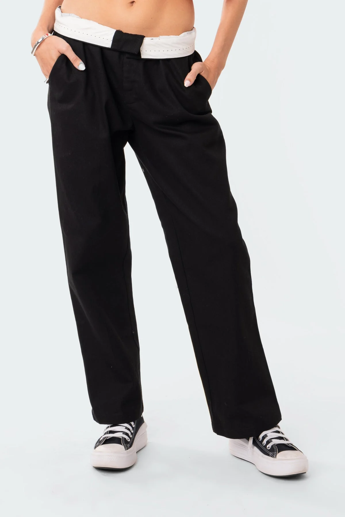 Black Folded Wide Leg Cotton Pants