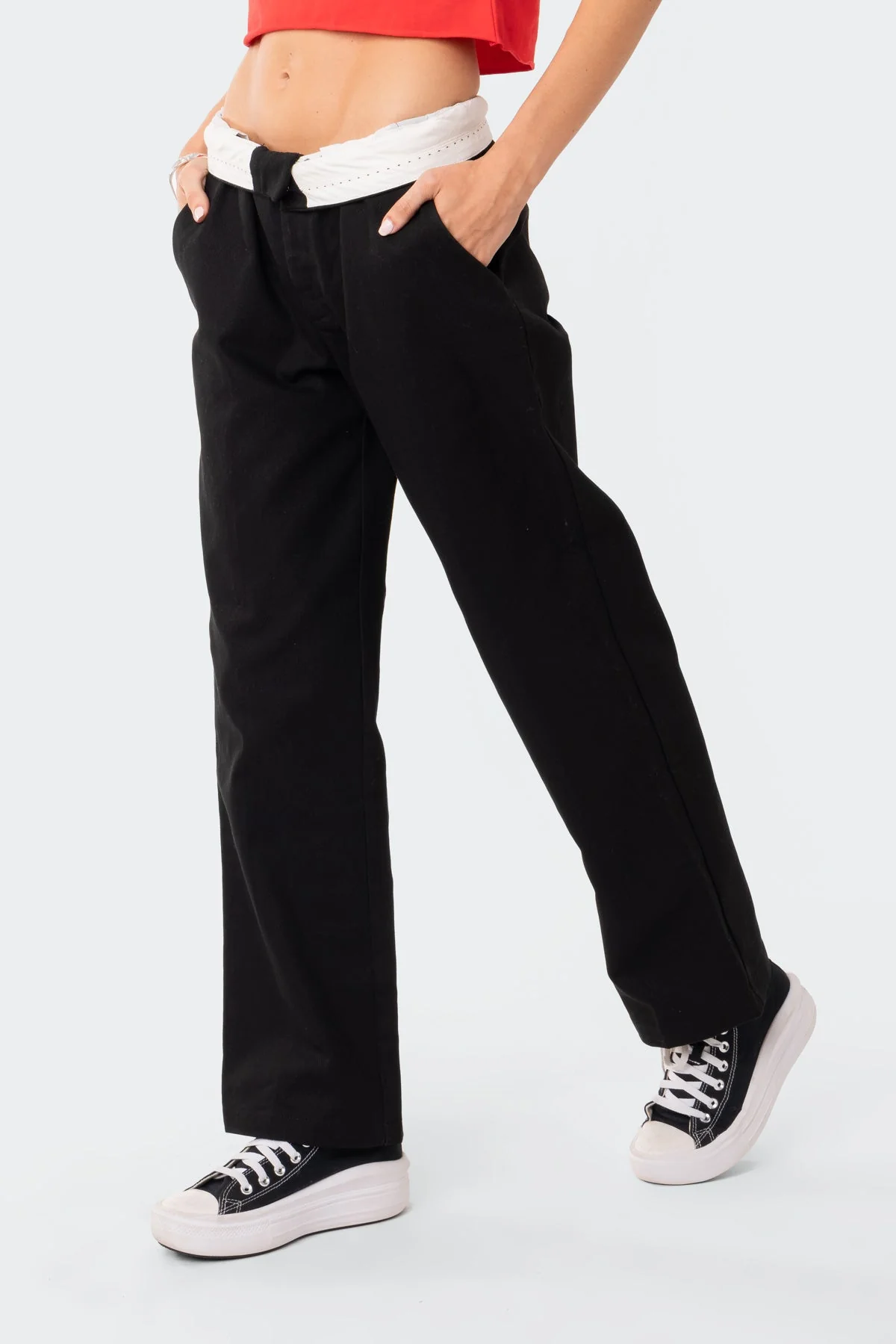 Black Folded Wide Leg Cotton Pants