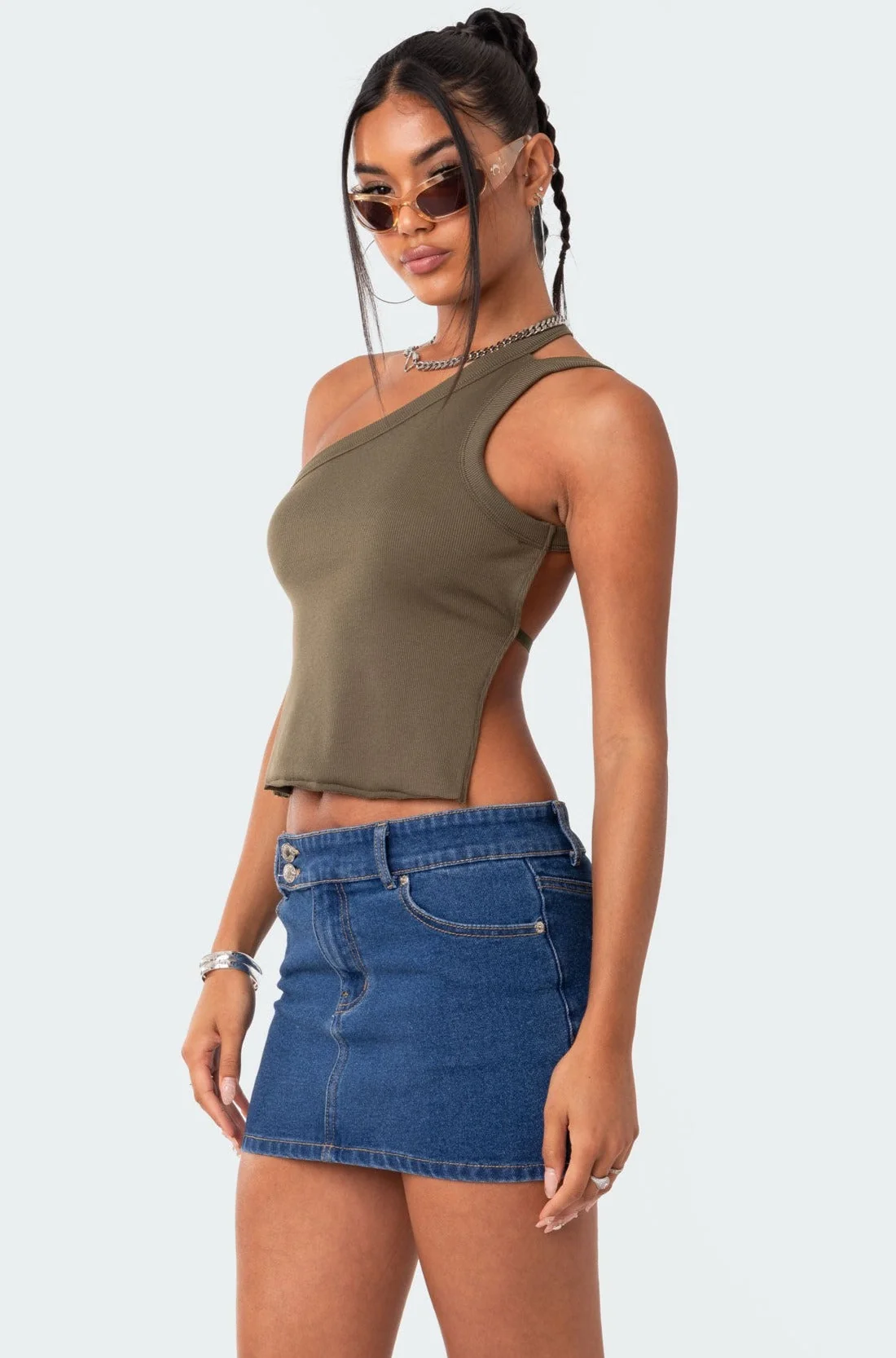 Olive One Shoulder Open-Back Tank Top