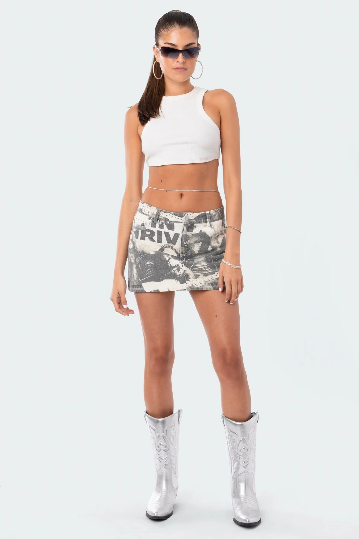 Vintage Washed Denim Mini Skirt Gray Womens Casual Outfit Apparel