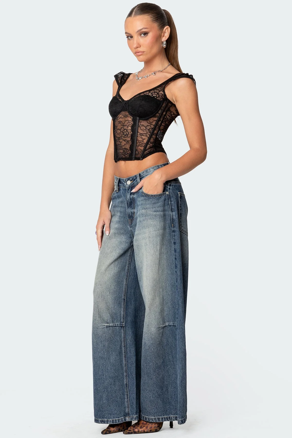 Black Lace Corset Top with Cap Sleeves