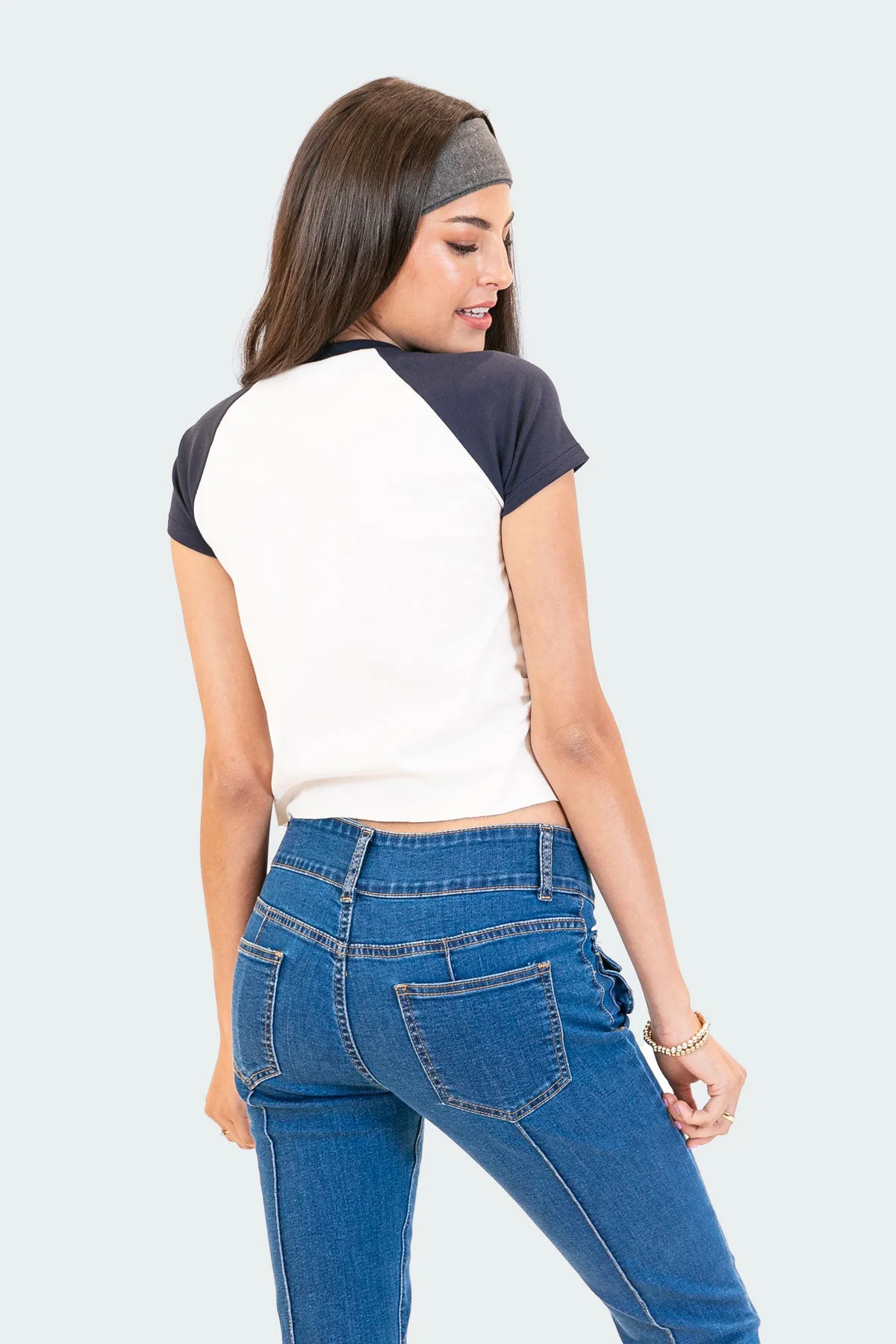 Raglan Baby Tee Shirt in White Cotton Spandex Blend