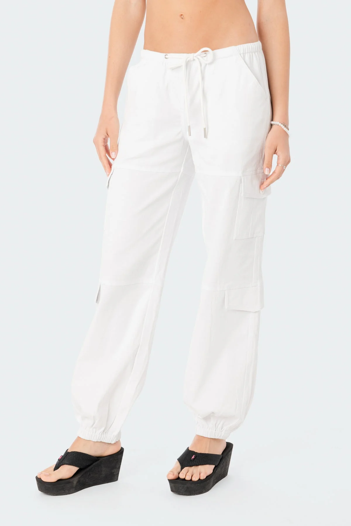 Relaxed White Cargo Pants Womens Drawstring Waist Pockets 100% Cotton