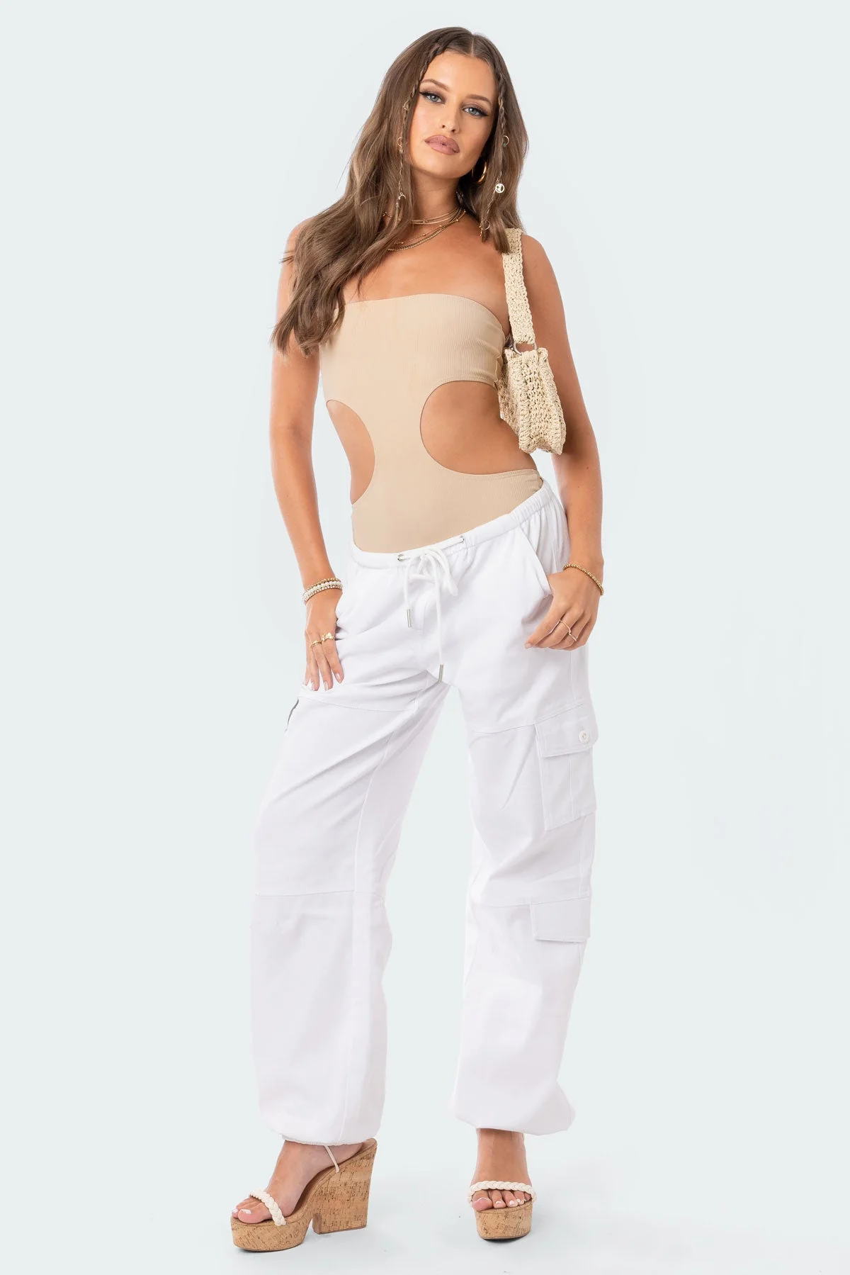Ribbed Cut-Out Bodysuit in Beige | Stretch Fabric | 70% Discount