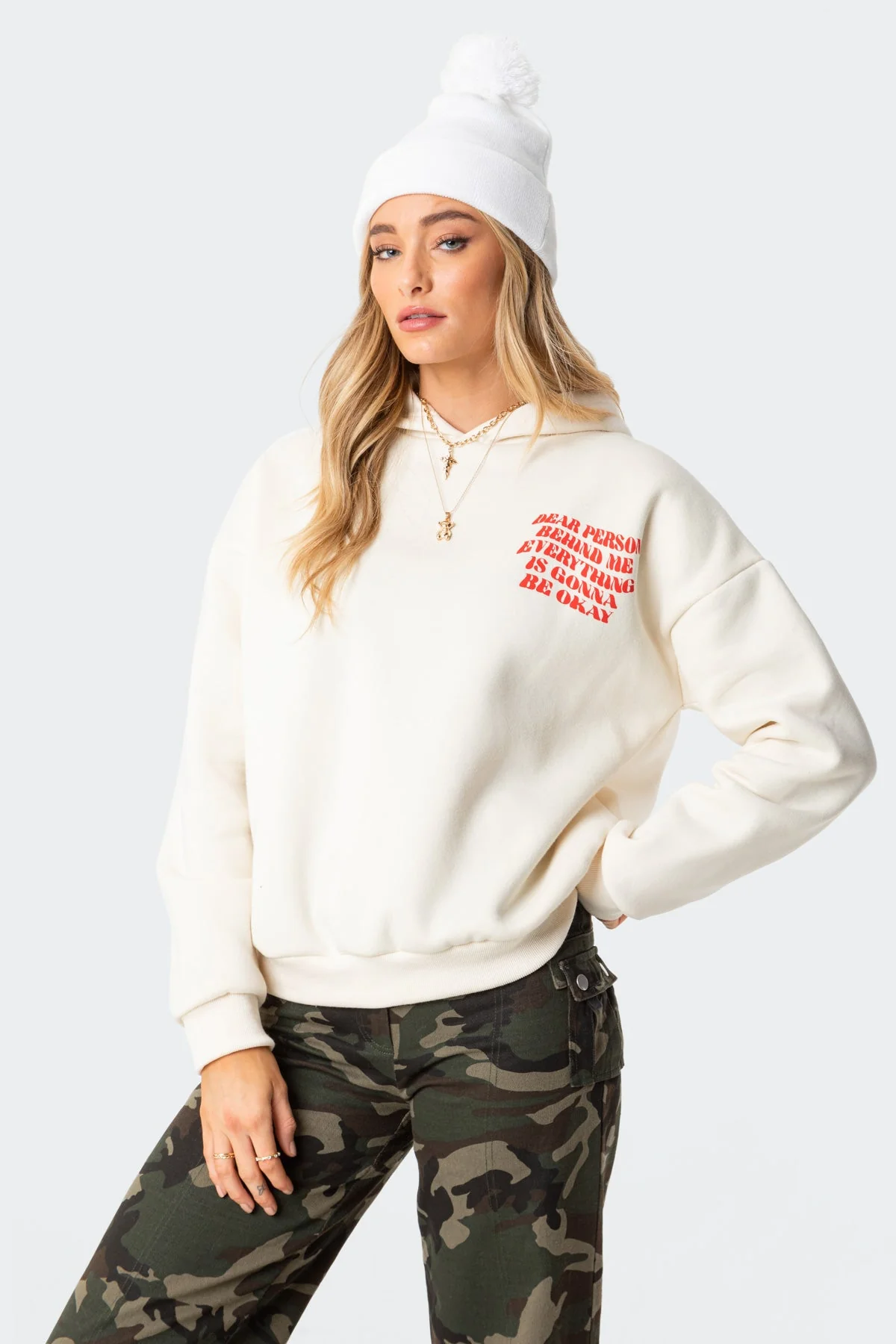 Cozy Cream Graphic Hoodie - Printed Slogan Design