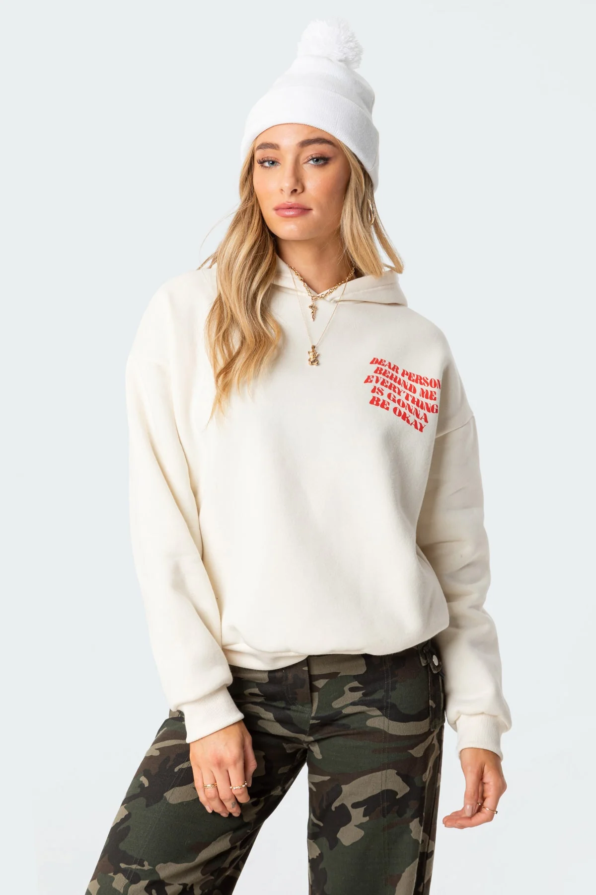 Cozy Cream Graphic Hoodie - Printed Slogan Design