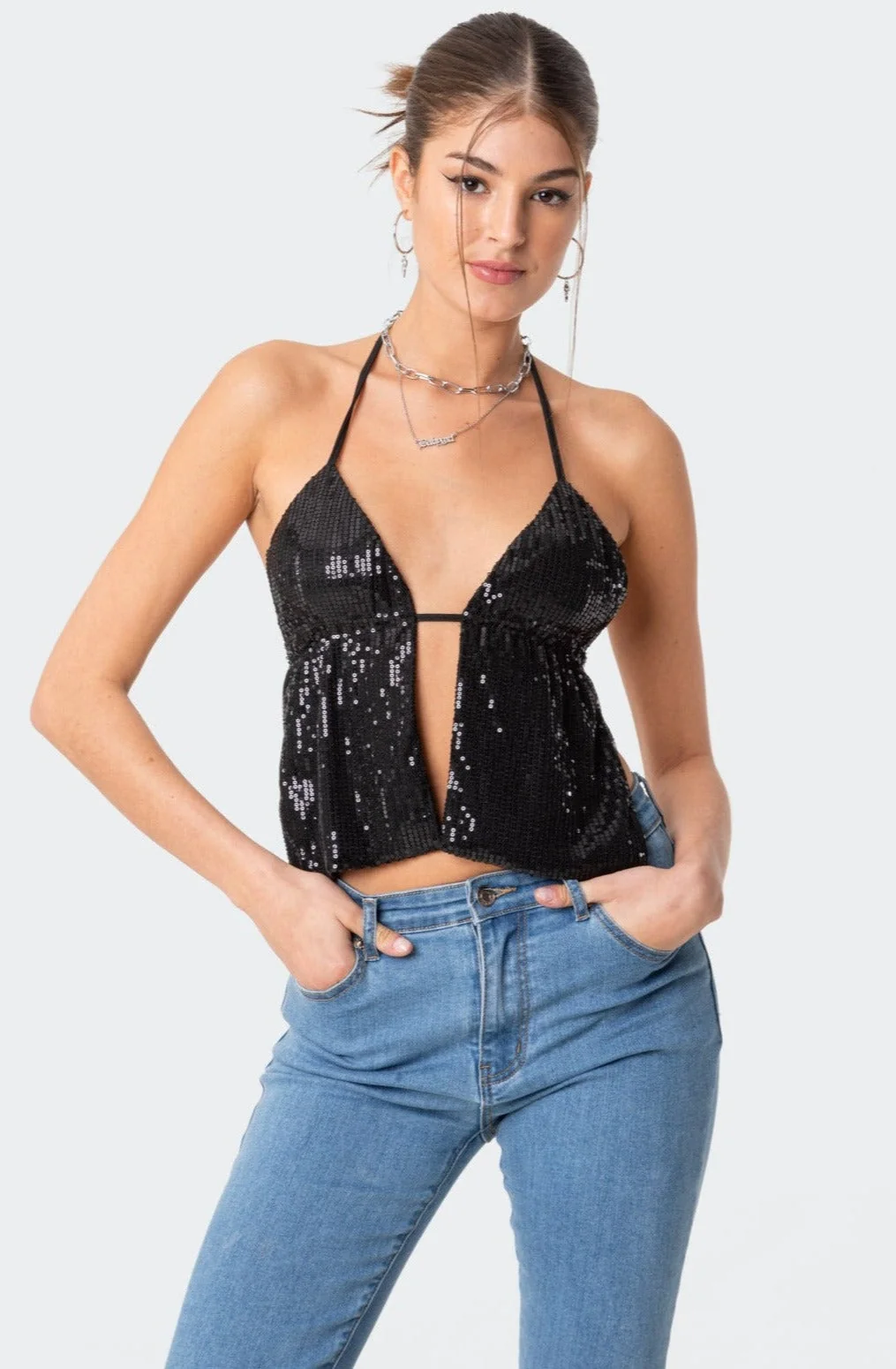 Sparkling Open-Back Sequin Top in Black XS-XL