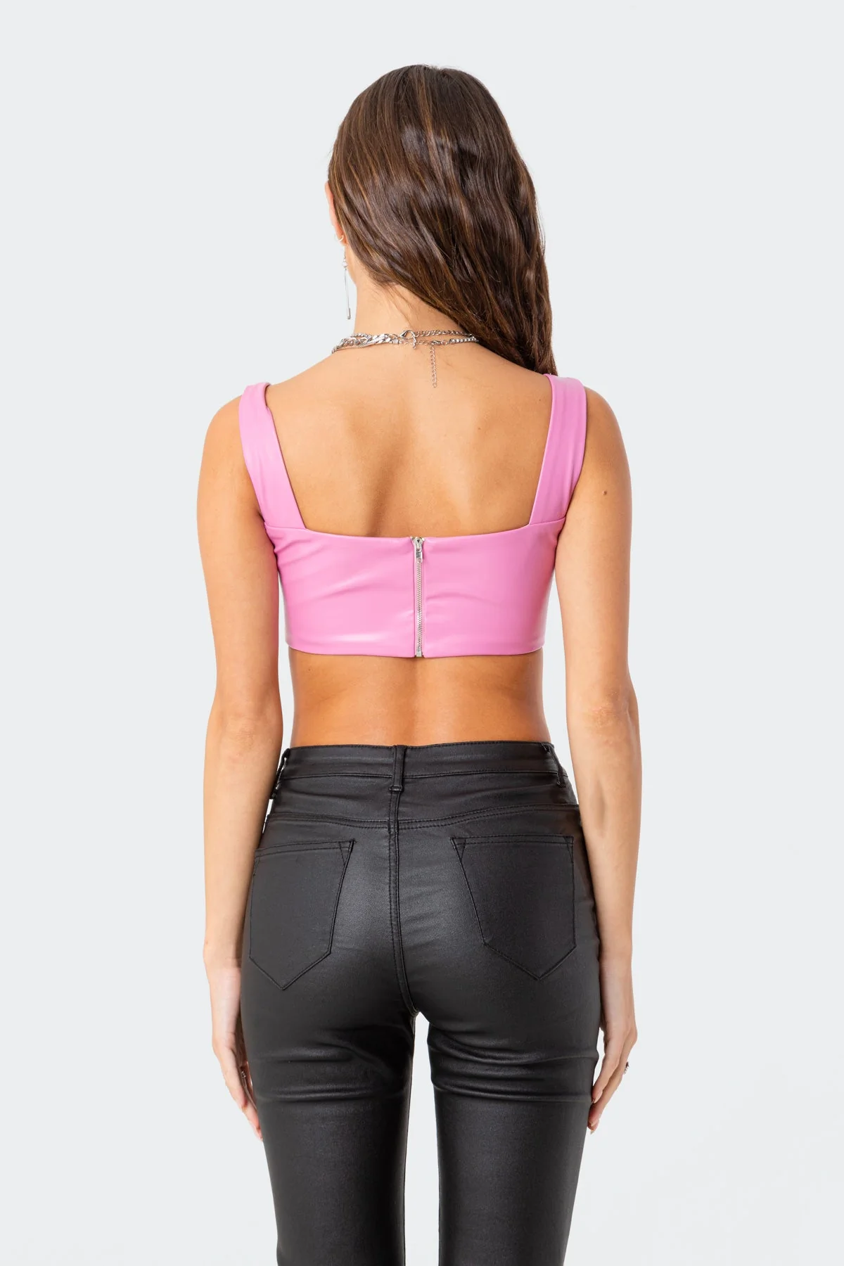 Pink Faux Leather Crop Top Square Neckline Zip-Back