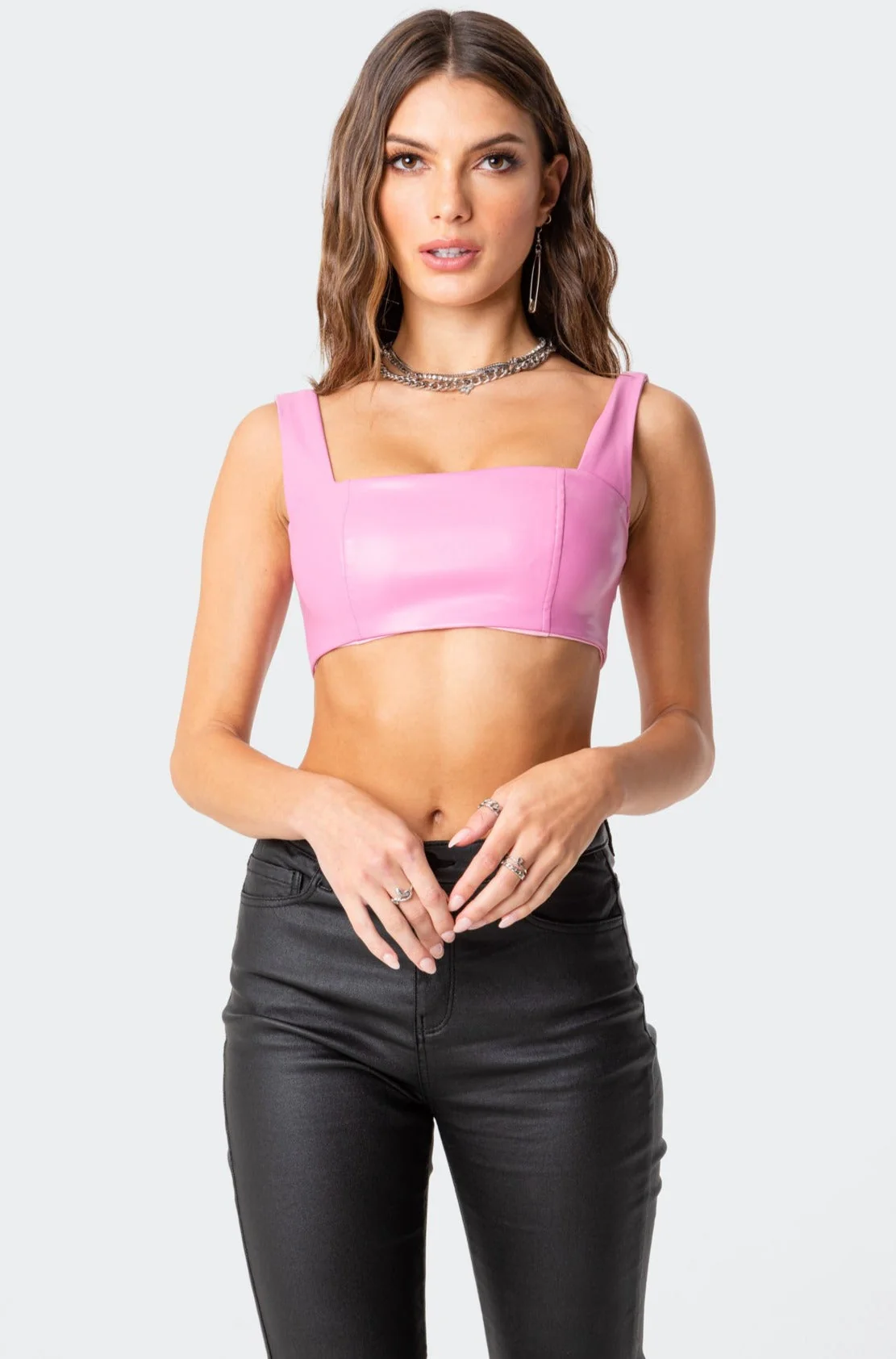 Pink Faux Leather Crop Top Square Neckline Zip-Back