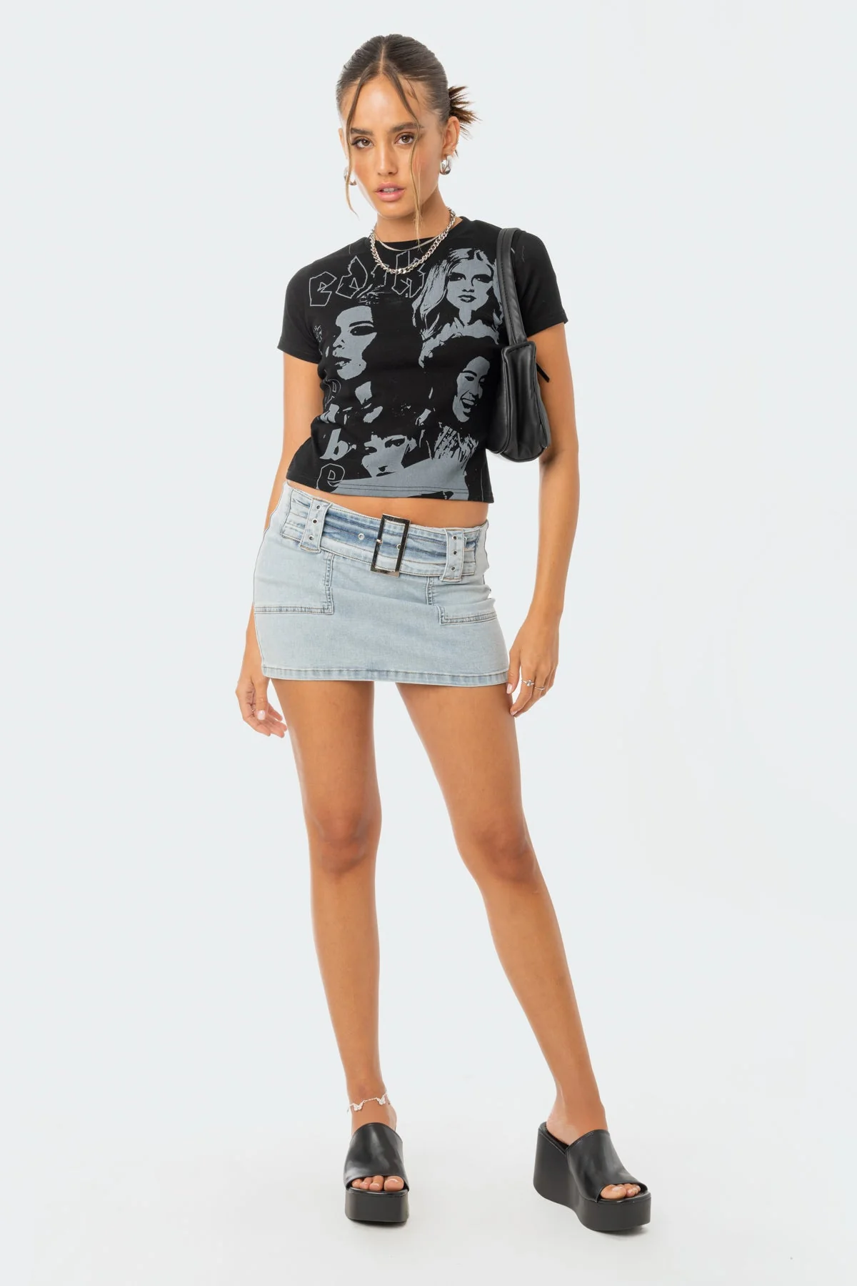 Mono Face Graphic T-Shirt Black Stretch Fabric Shirt Women