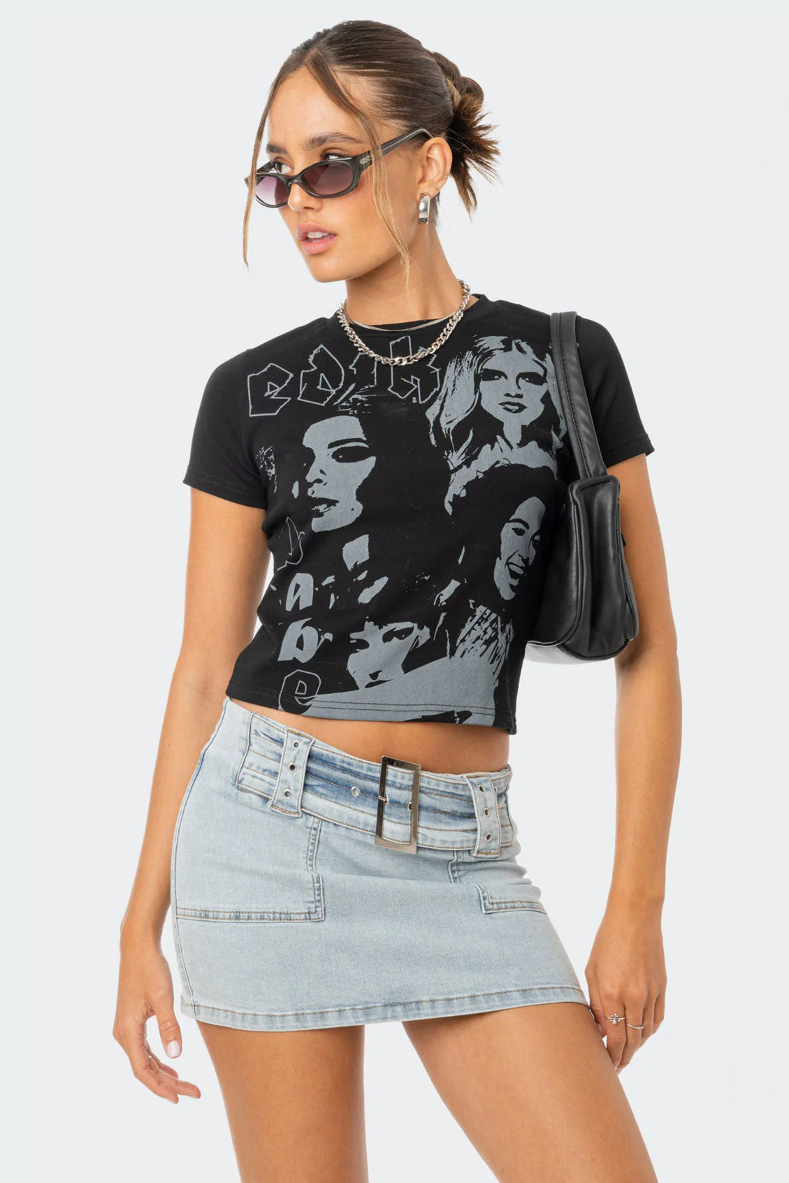 Mono Face Graphic T-Shirt Black Stretch Fabric Shirt Women