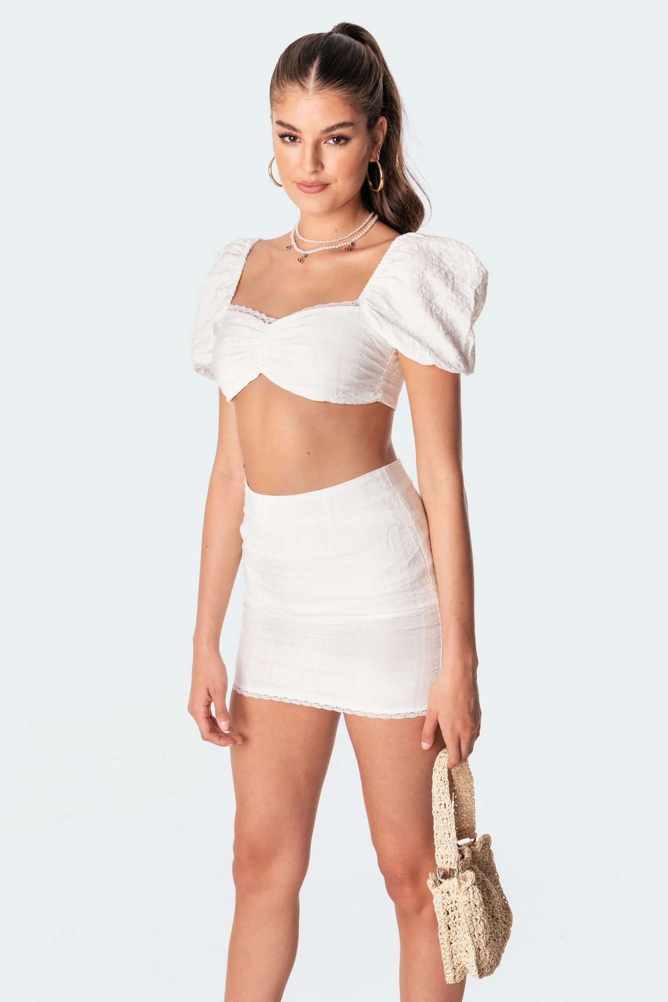 White Linen Look Crop Top with Lace Trim
