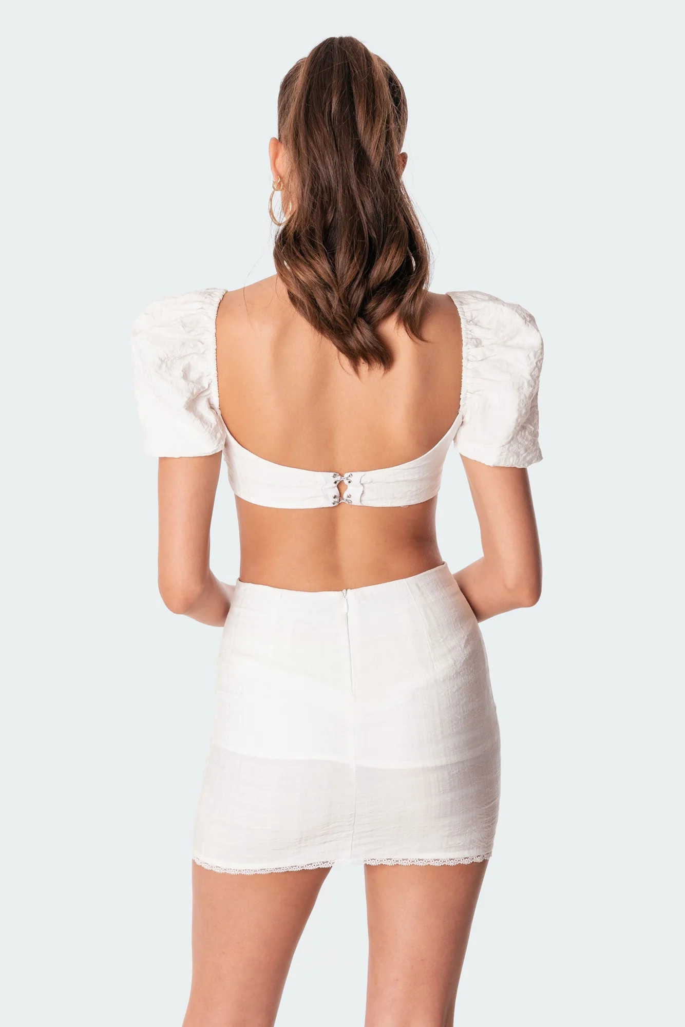 White Linen Look Crop Top with Lace Trim