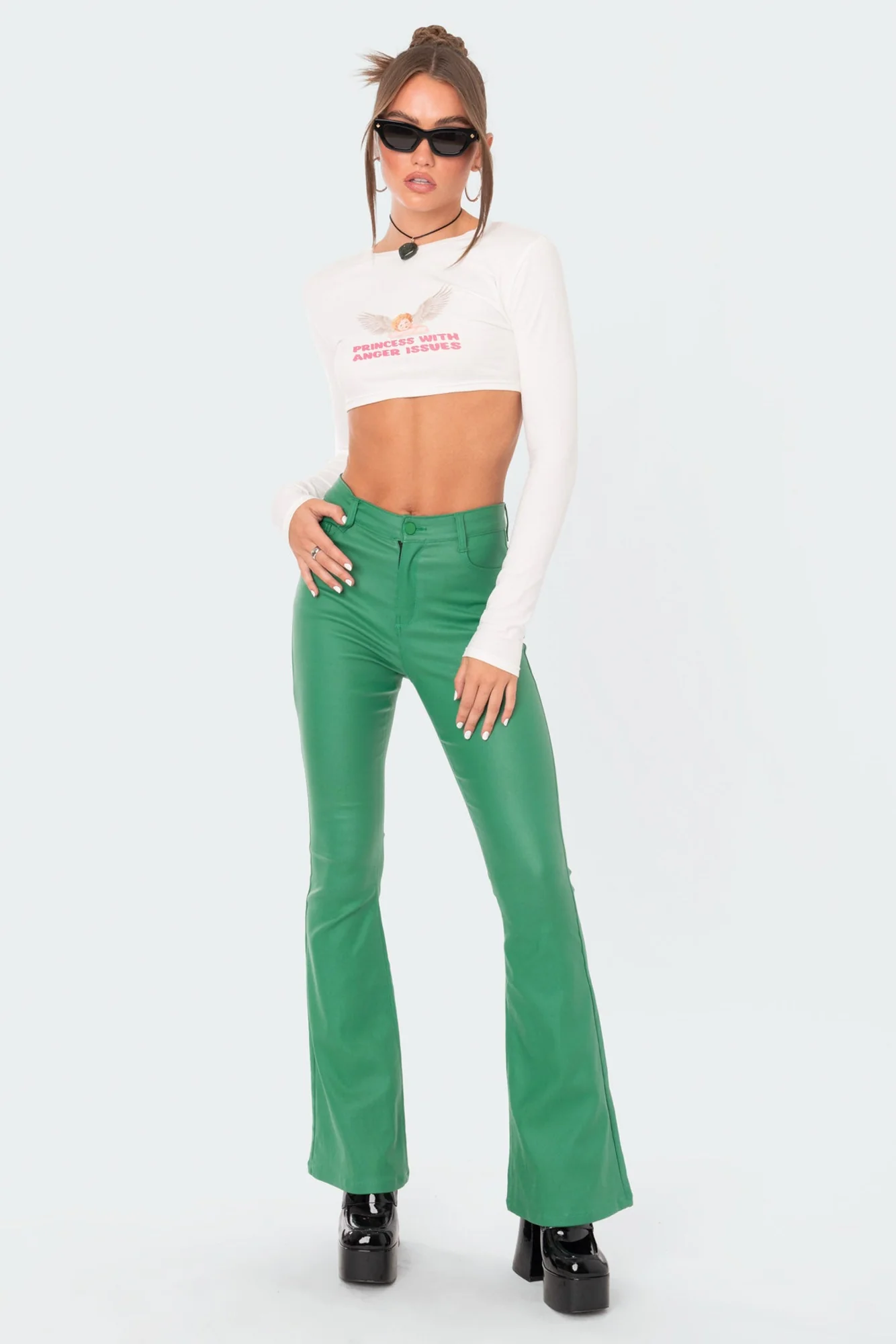 Green Faux Leather Flare Pants Women