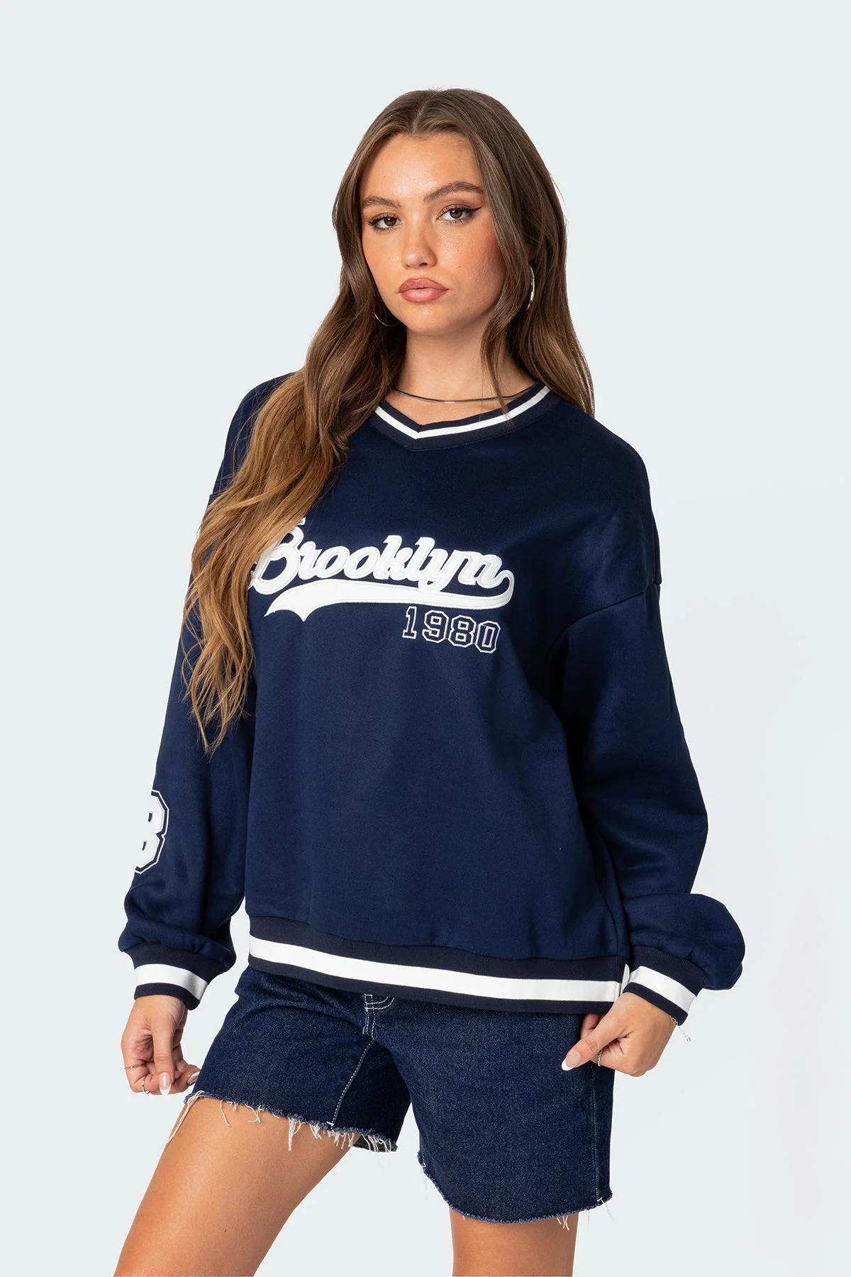 Navy Oversized Sweatshirt Womens Comfort Fit V-Neck Embroidered Patches
