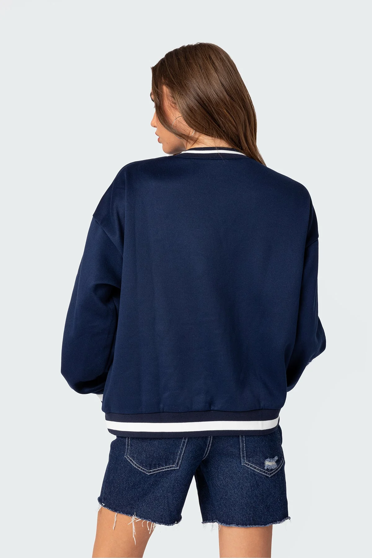 Navy Oversized Sweatshirt Womens Comfort Fit V-Neck Embroidered Patches