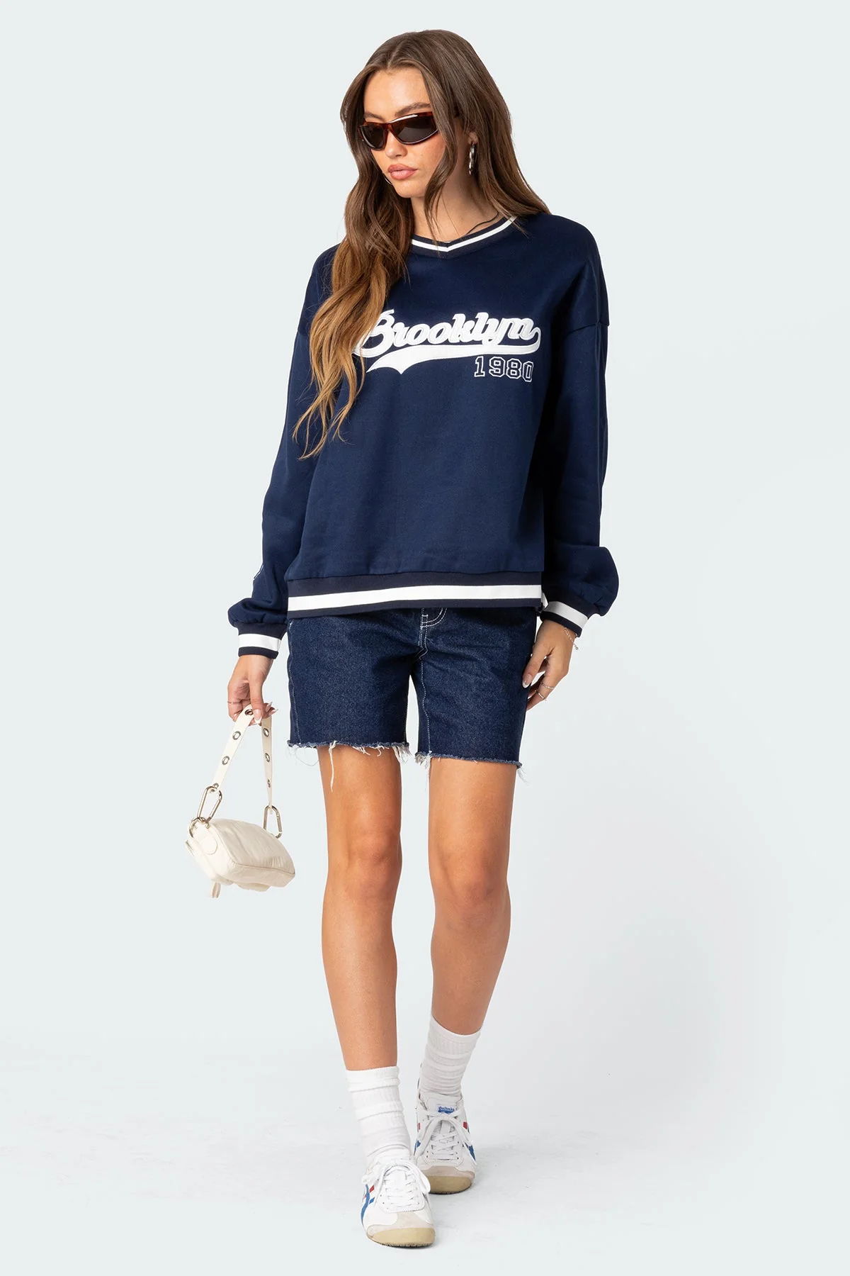 Navy Oversized Sweatshirt Womens Comfort Fit V-Neck Embroidered Patches