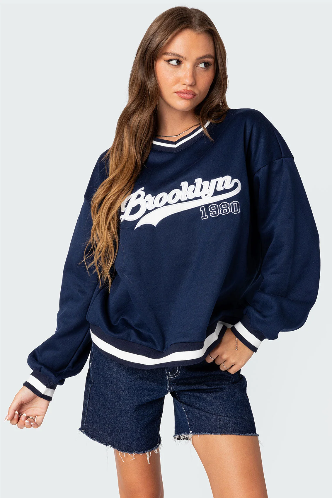 Navy Oversized Sweatshirt Womens Comfort Fit V-Neck Embroidered Patches