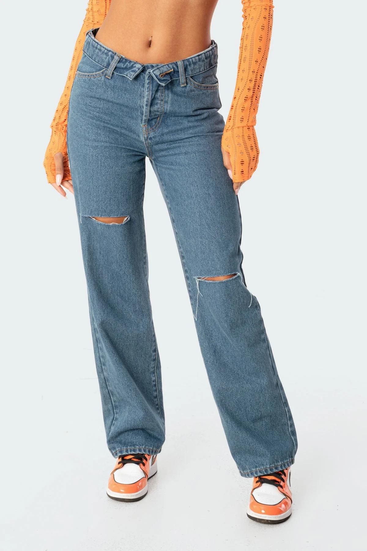 Blue Cotton Low-rise Folded Jeans for Women