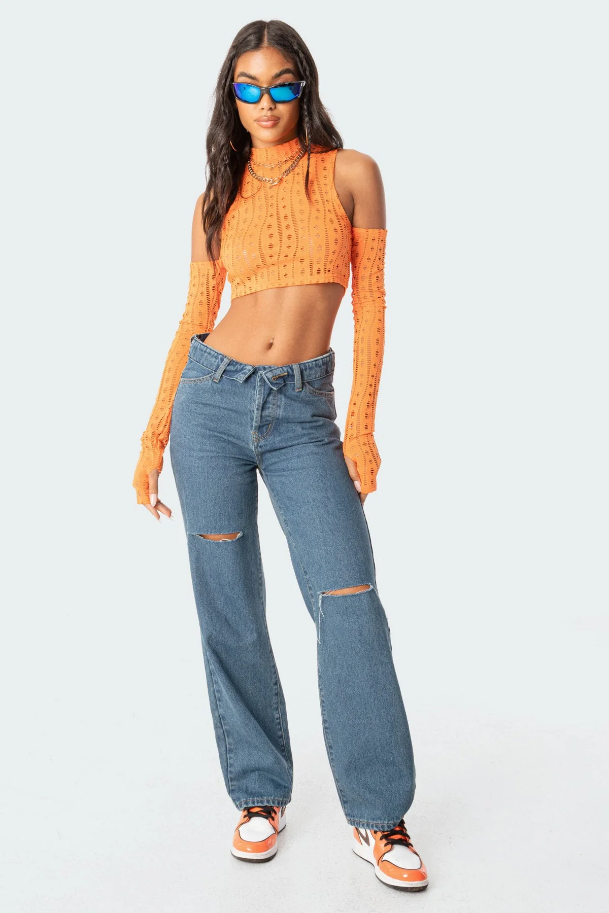 Blue Cotton Low-rise Folded Jeans for Women