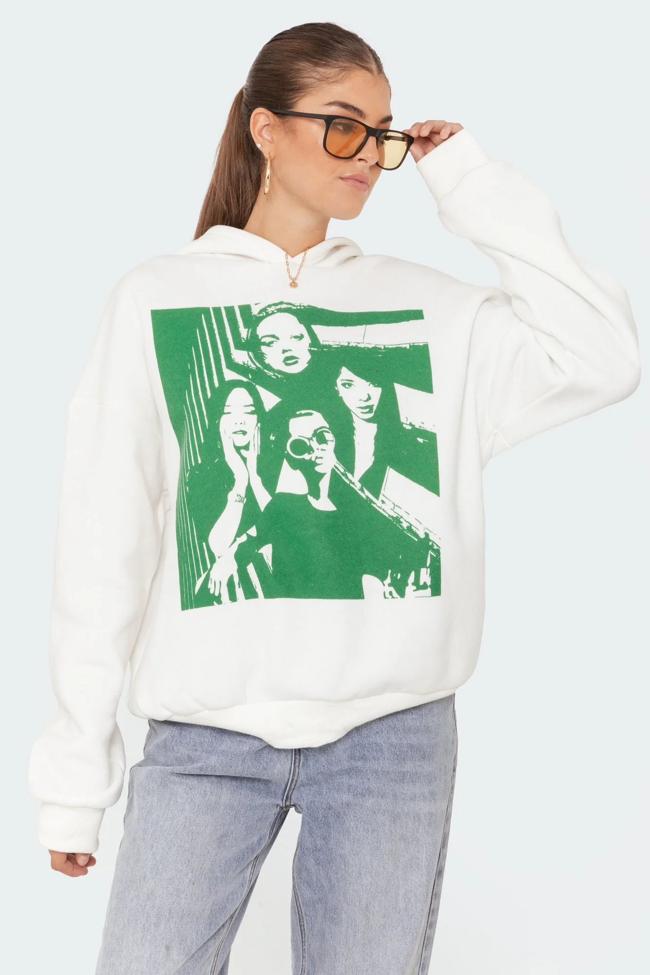 White Mono Print Hoodie Womens Casual Pullover Shirt