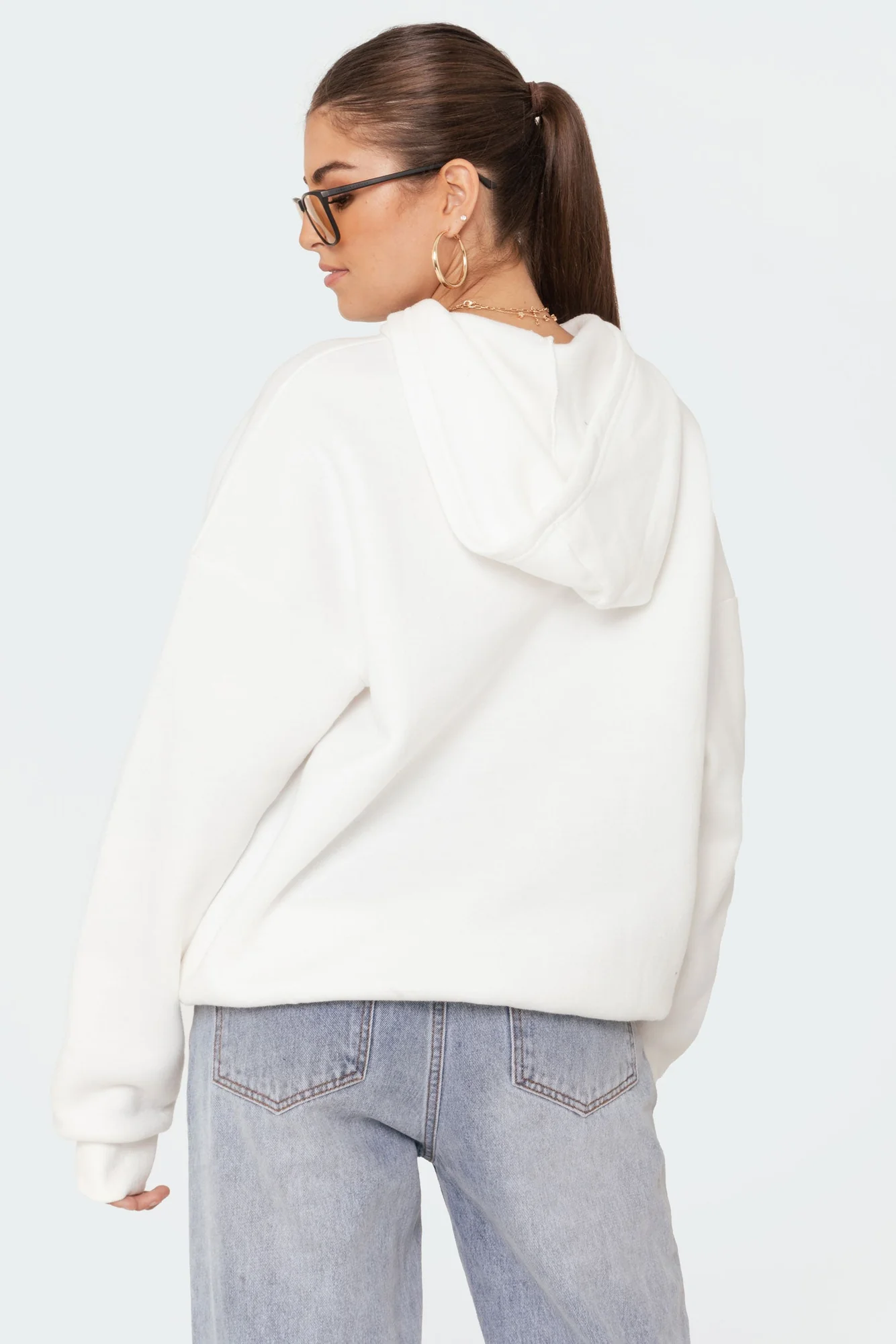 White Mono Print Hoodie Womens Casual Pullover Shirt