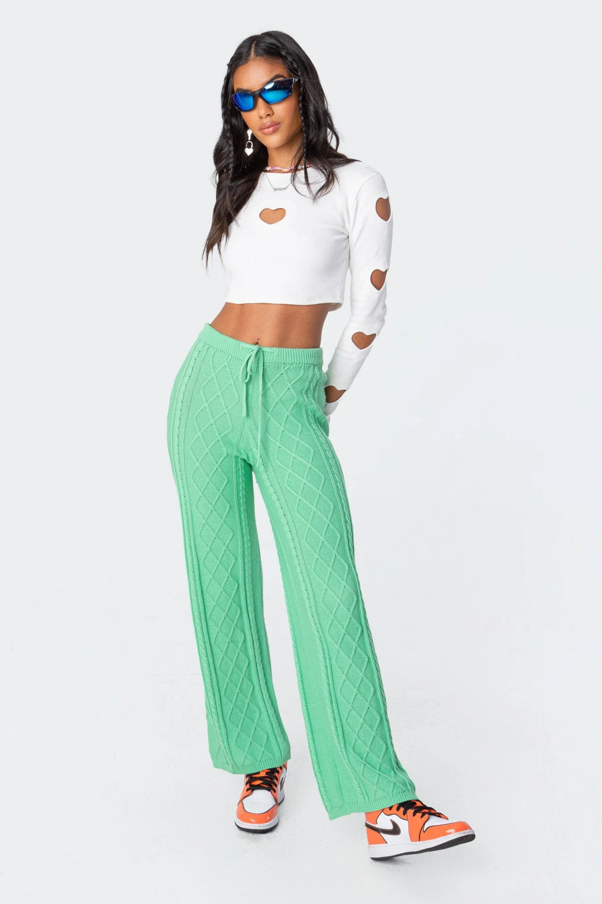 Green Cable Knit Cotton Pants