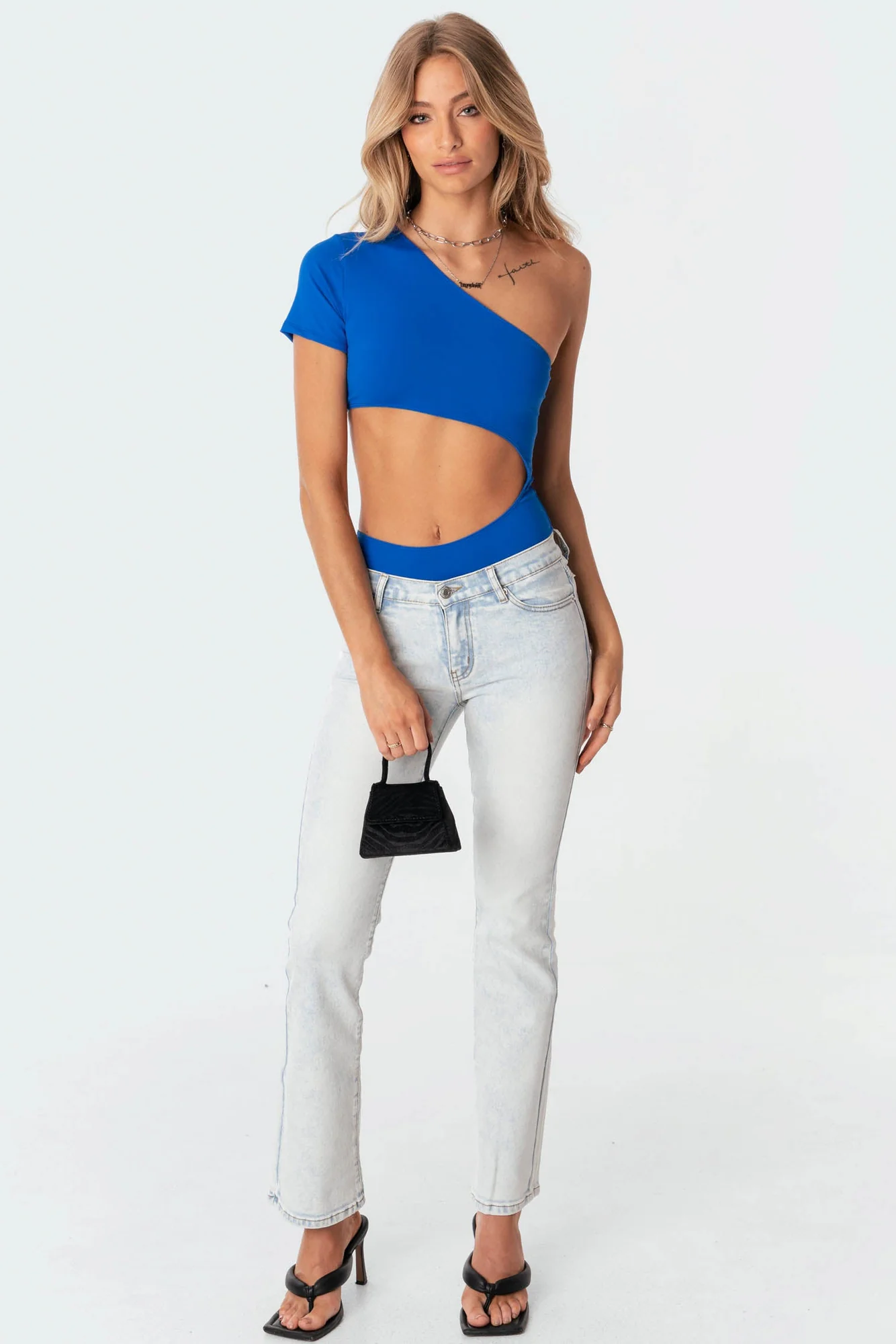 Blue One-Shoulder Bodysuit with Trendy Cut-Out Window