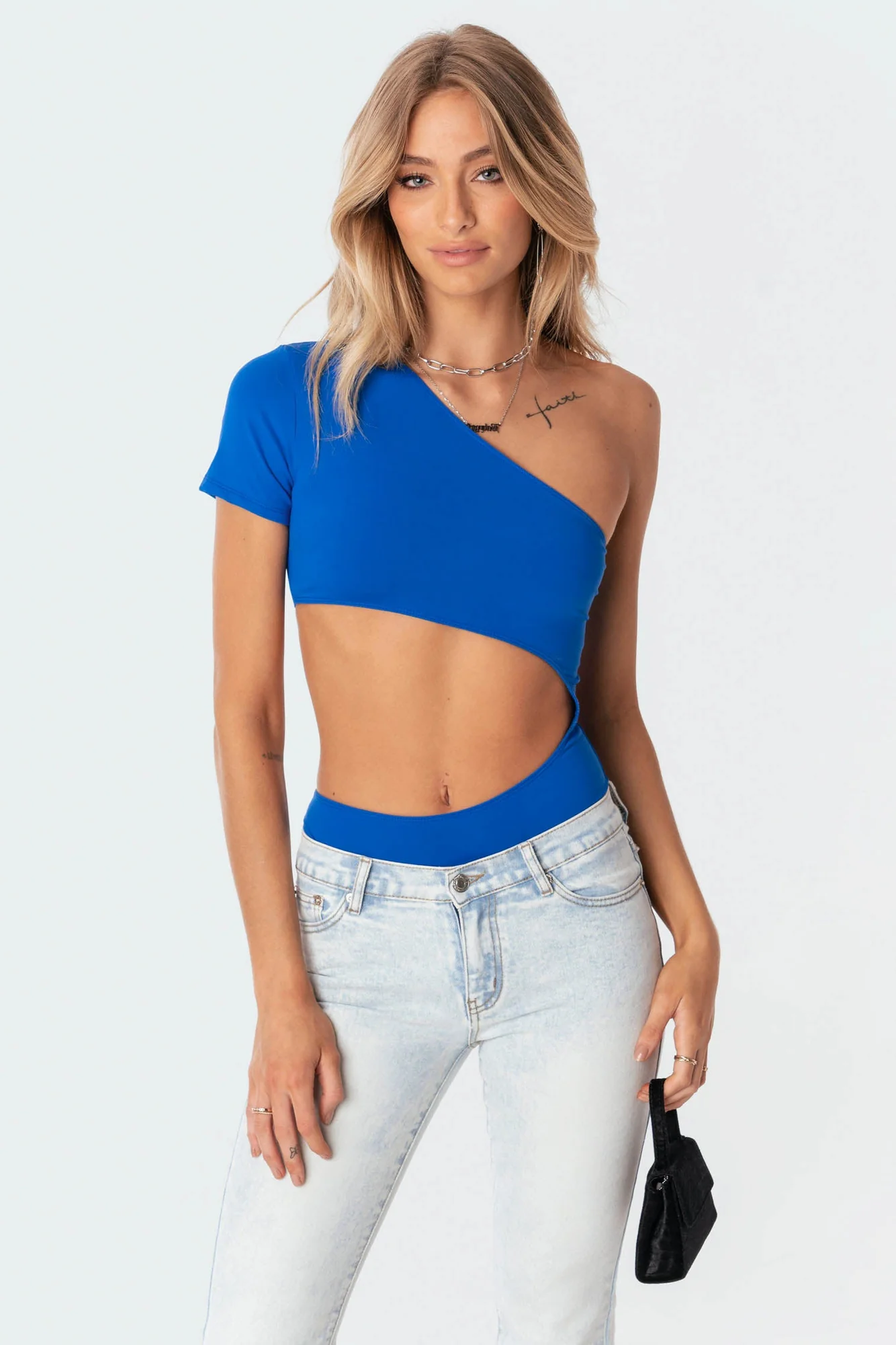 Blue One-Shoulder Bodysuit with Trendy Cut-Out Window