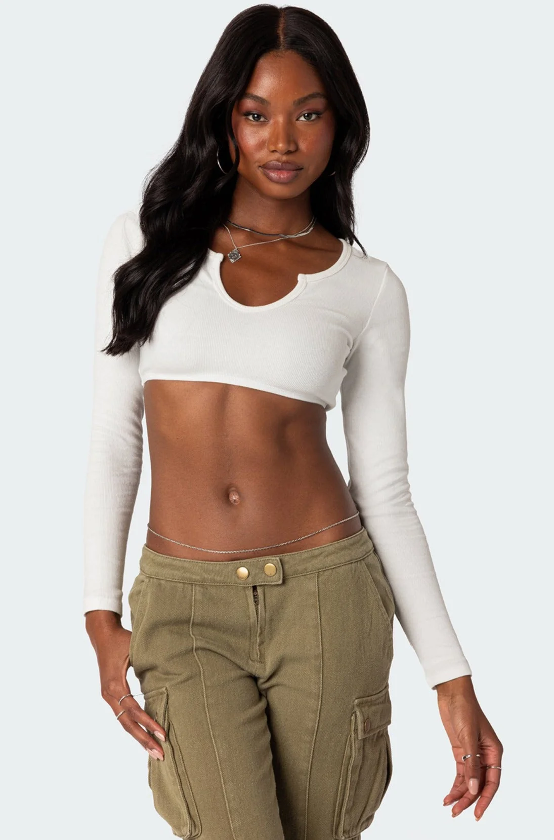 White Ribbed Long Sleeve Crop Top