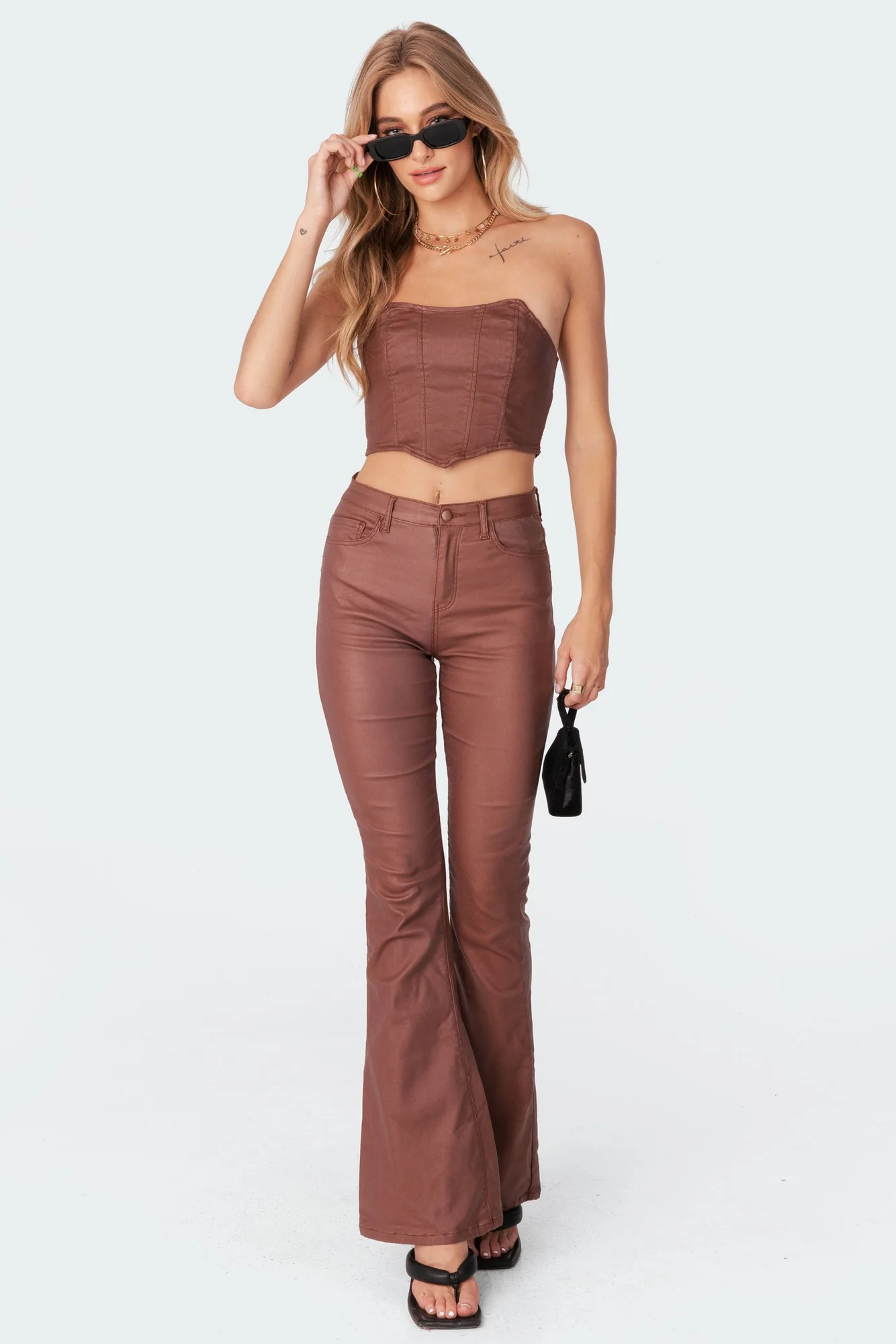Brown Faux Leather Flare Pants