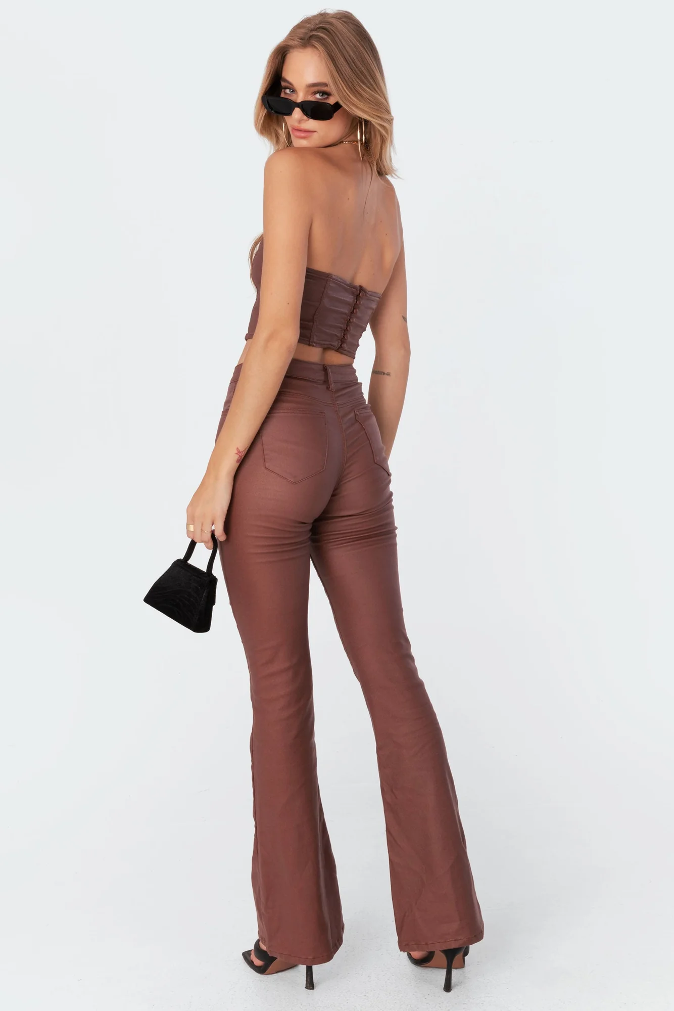 Brown Faux Leather Flare Pants