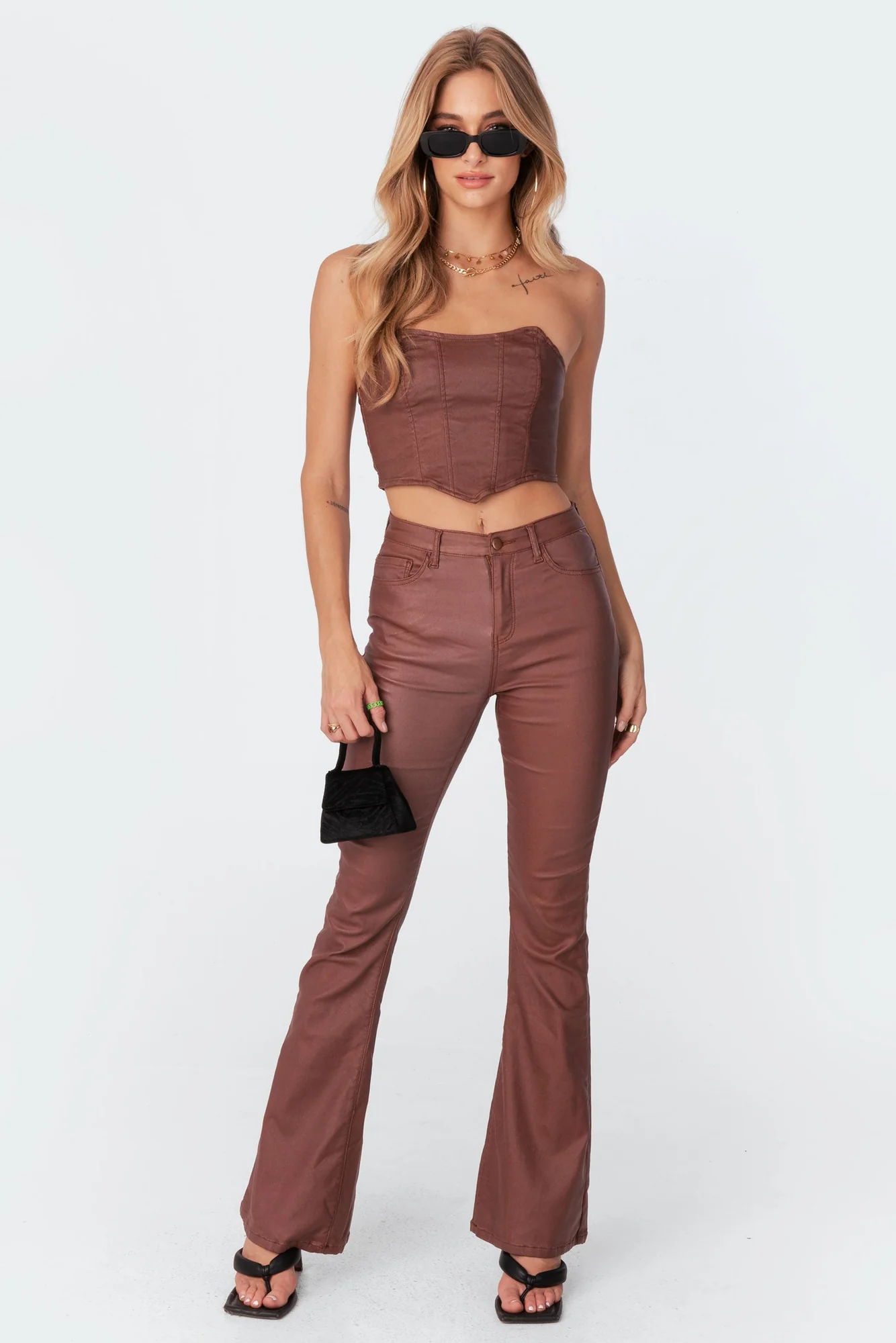 Brown Faux Leather Flare Pants