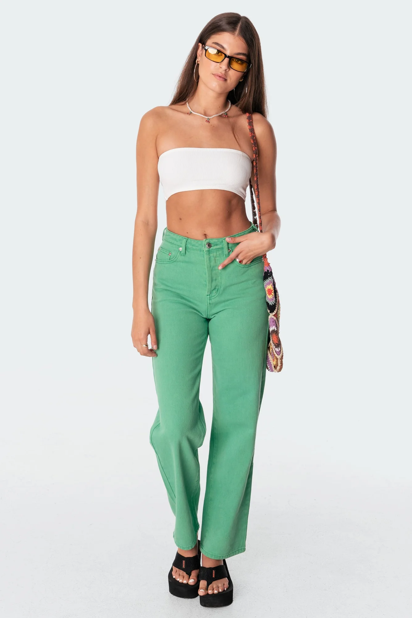 Wide-Leg Cotton Green Jeans for Women XS-XXL