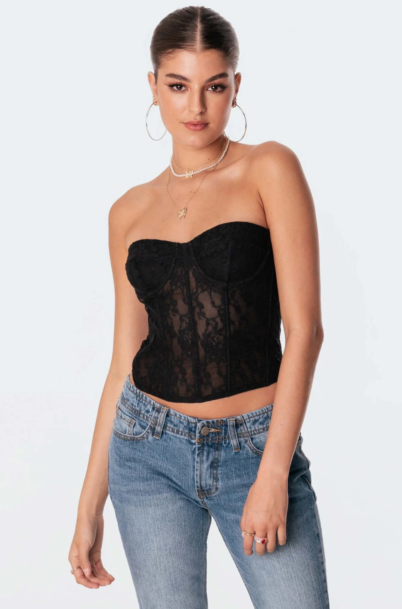 Lace Corset Top in Black - Elegant Boned Bodice Design