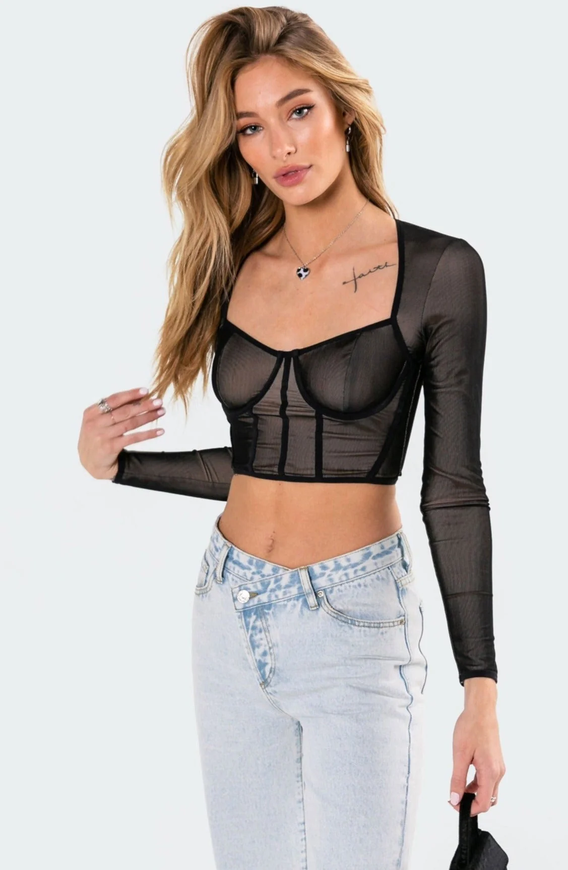 Mesh Bodice Long Sleeve Crop Top - Black