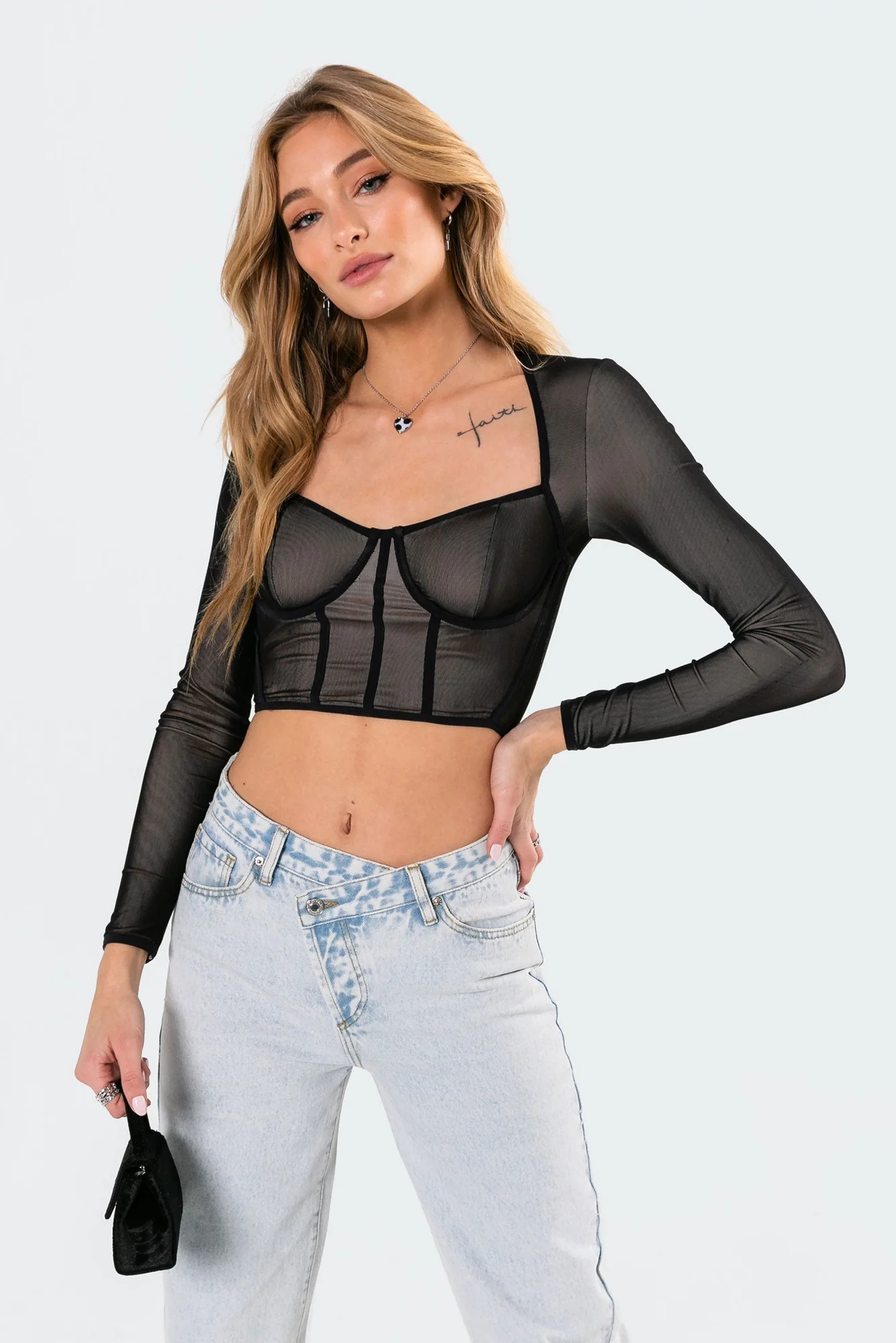 Mesh Bodice Long Sleeve Crop Top - Black