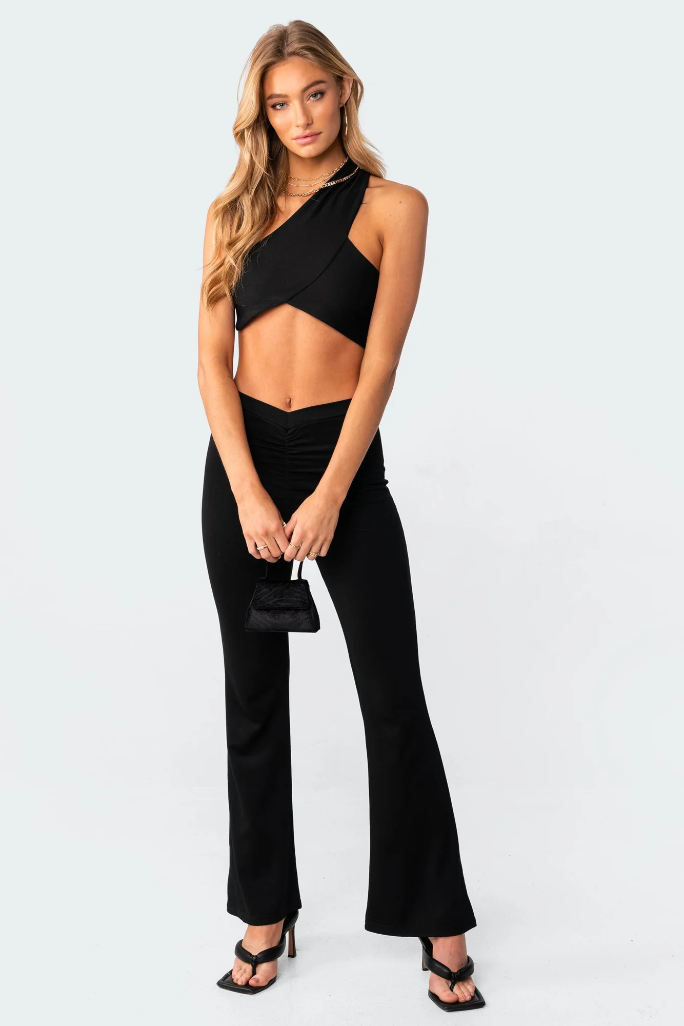 Black Gathered V-Cut Pants for Women