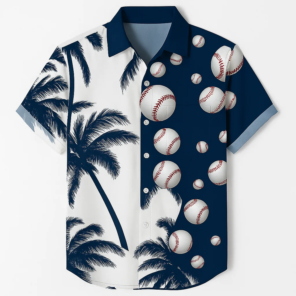 Tropical Baseball Print Button-Up Shirt
