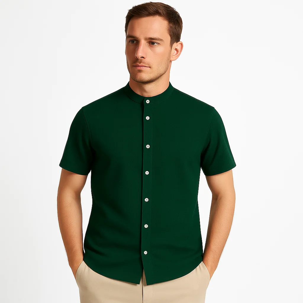 Elegant Emerald Green Shirt - Mandarin Collar & Natural Wooden Buttons