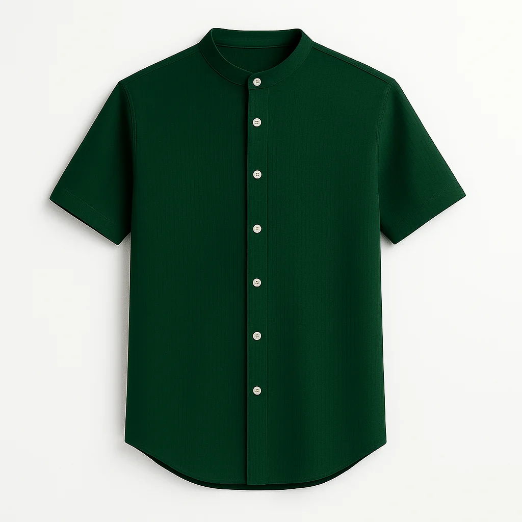 Elegant Emerald Green Shirt - Mandarin Collar & Natural Wooden Buttons