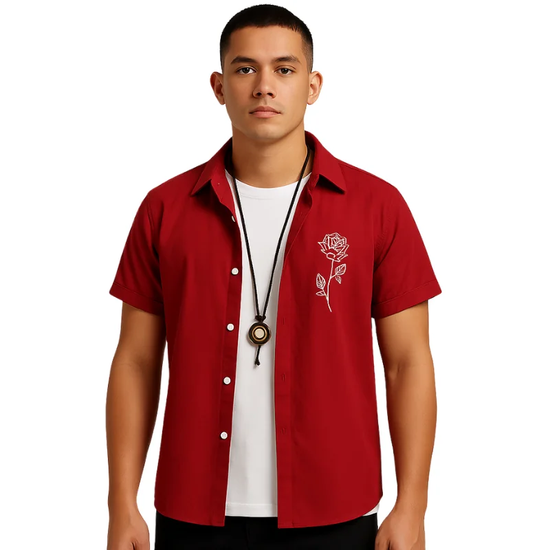 Red Rose Embroidered Shirt - Elegant Short-Sleeve Button-Up