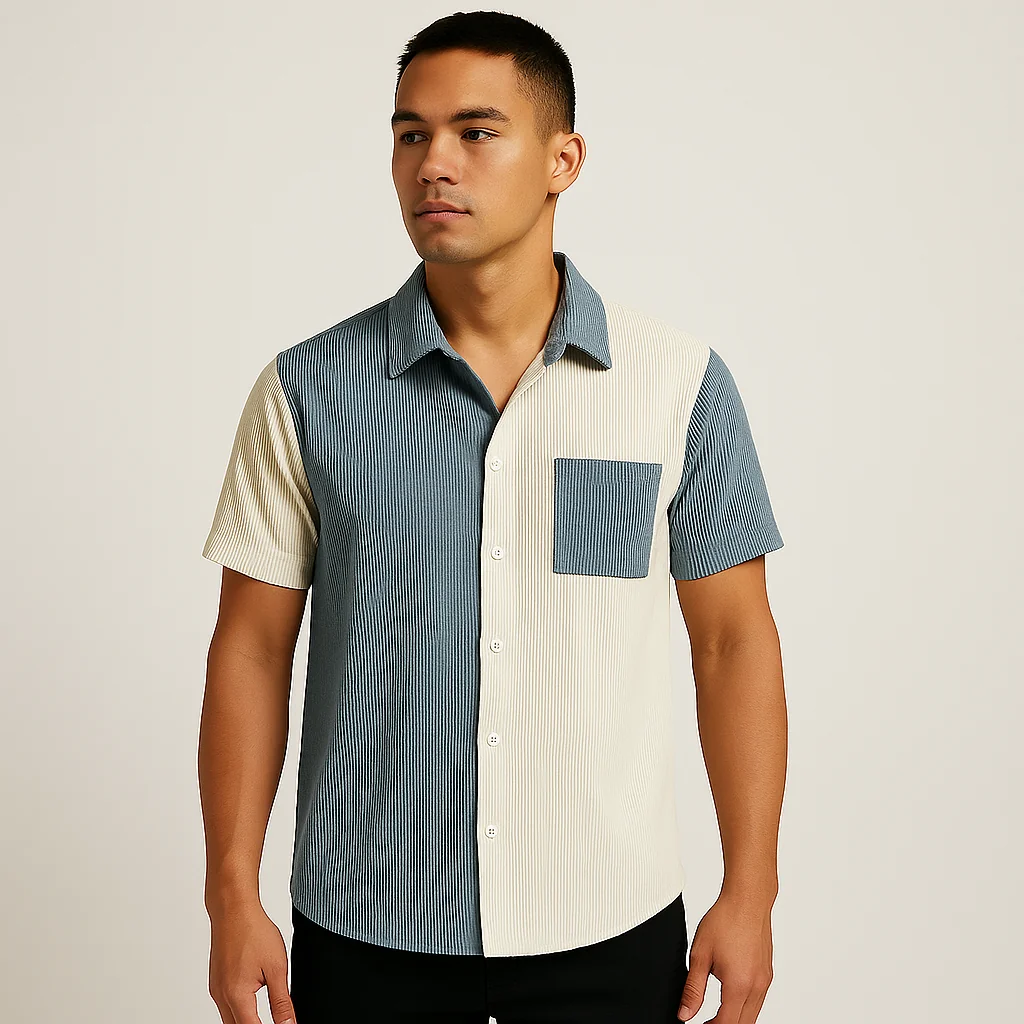 Denim Two-Tone Button-Up Shirt - Vintage Charm & Modern Style