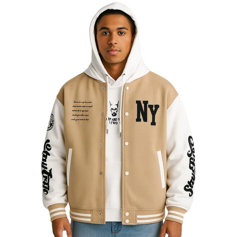 Urban Cool Beige & White Varsity Jacket | Streetwear Statement Piece