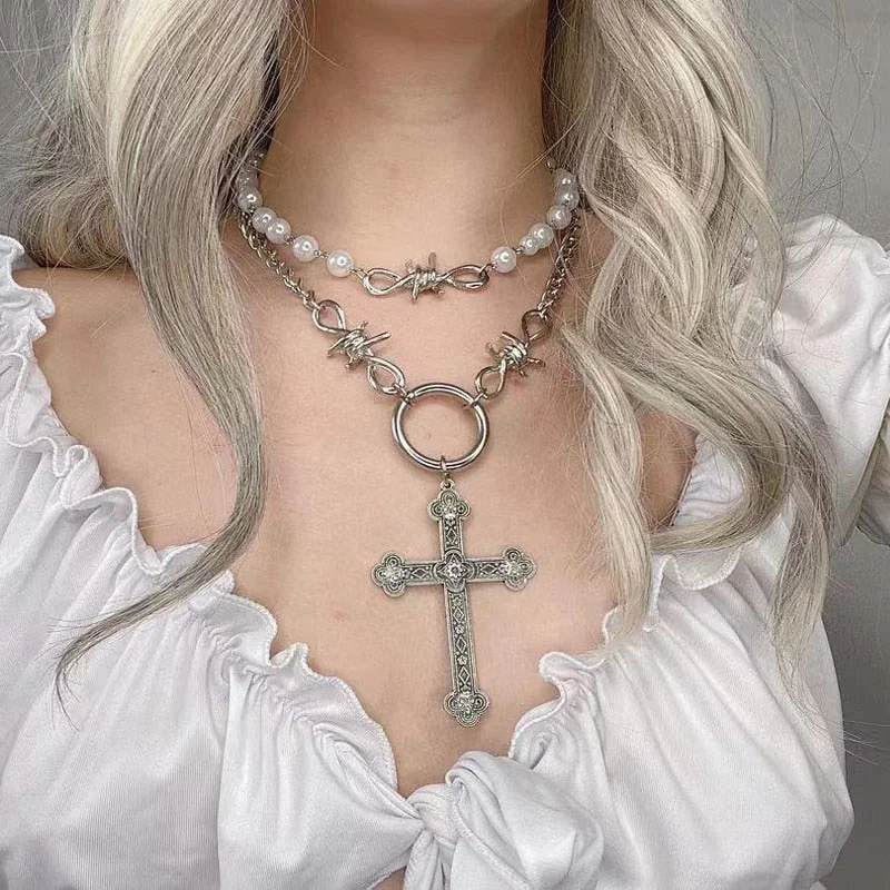 Elegant Pearl Cross Pendant Necklace Set